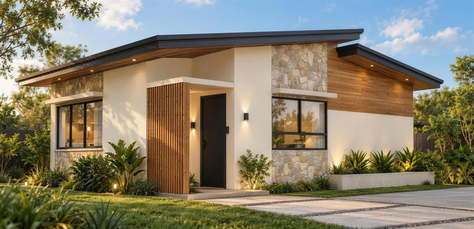 Accessory dwelling unit design render, stucco, stone and wood