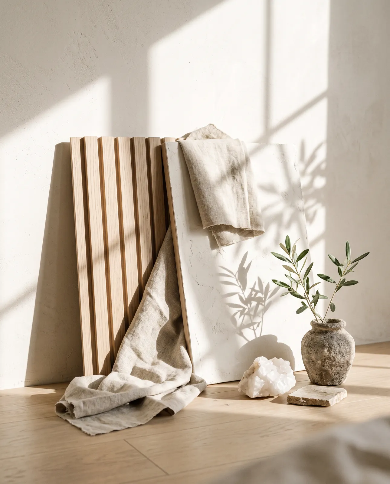 Pale oak slats, linen and plaster samples in morning light