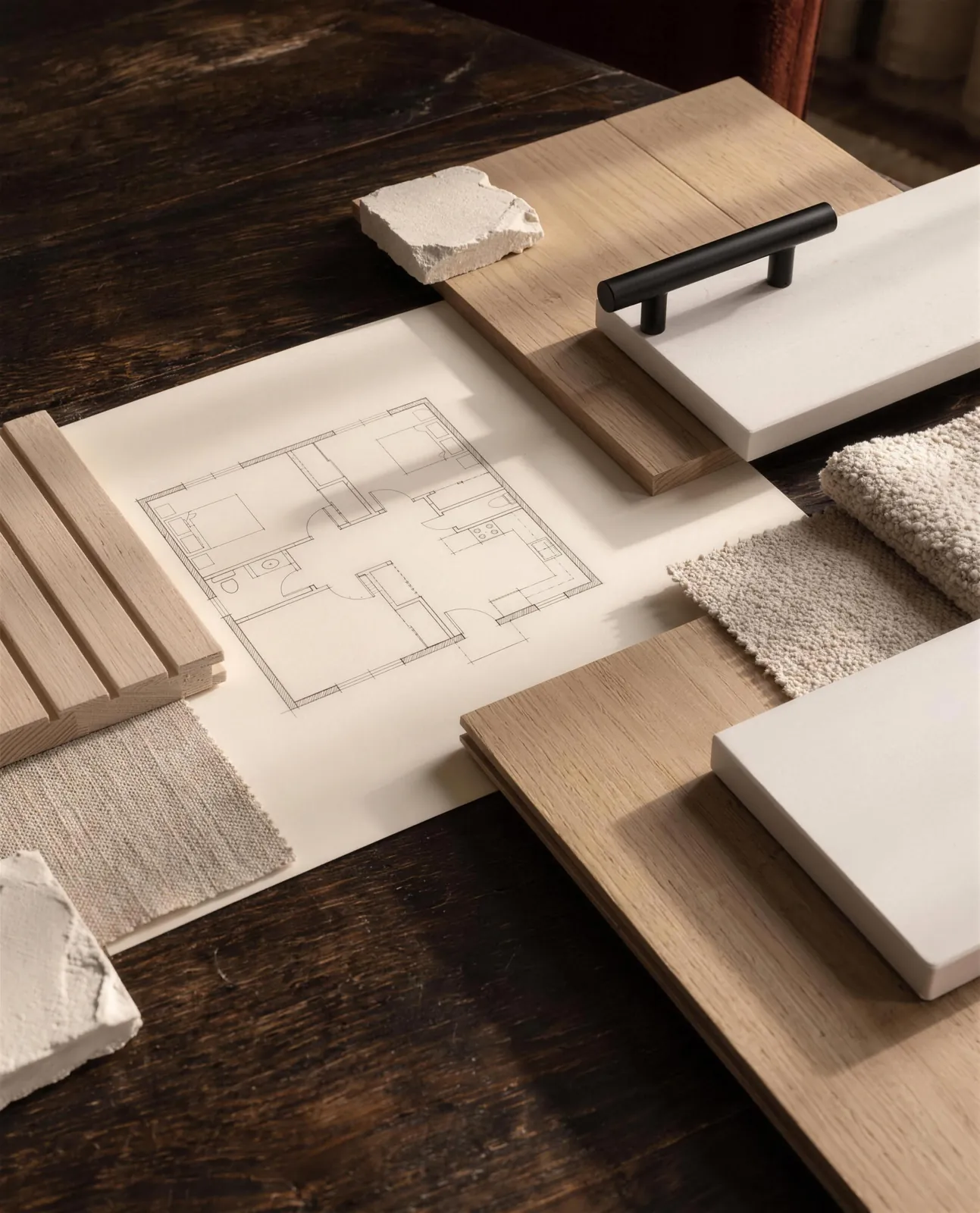 Oak, stone and fabric samples on a floor plan