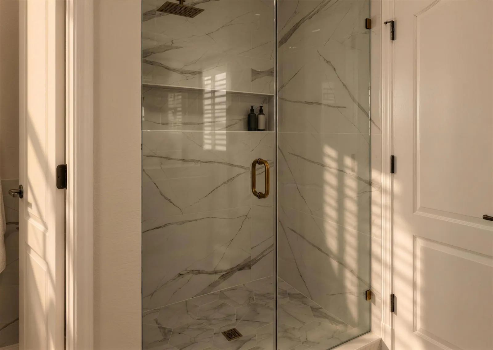 Glass walk-in shower in veined porcelain