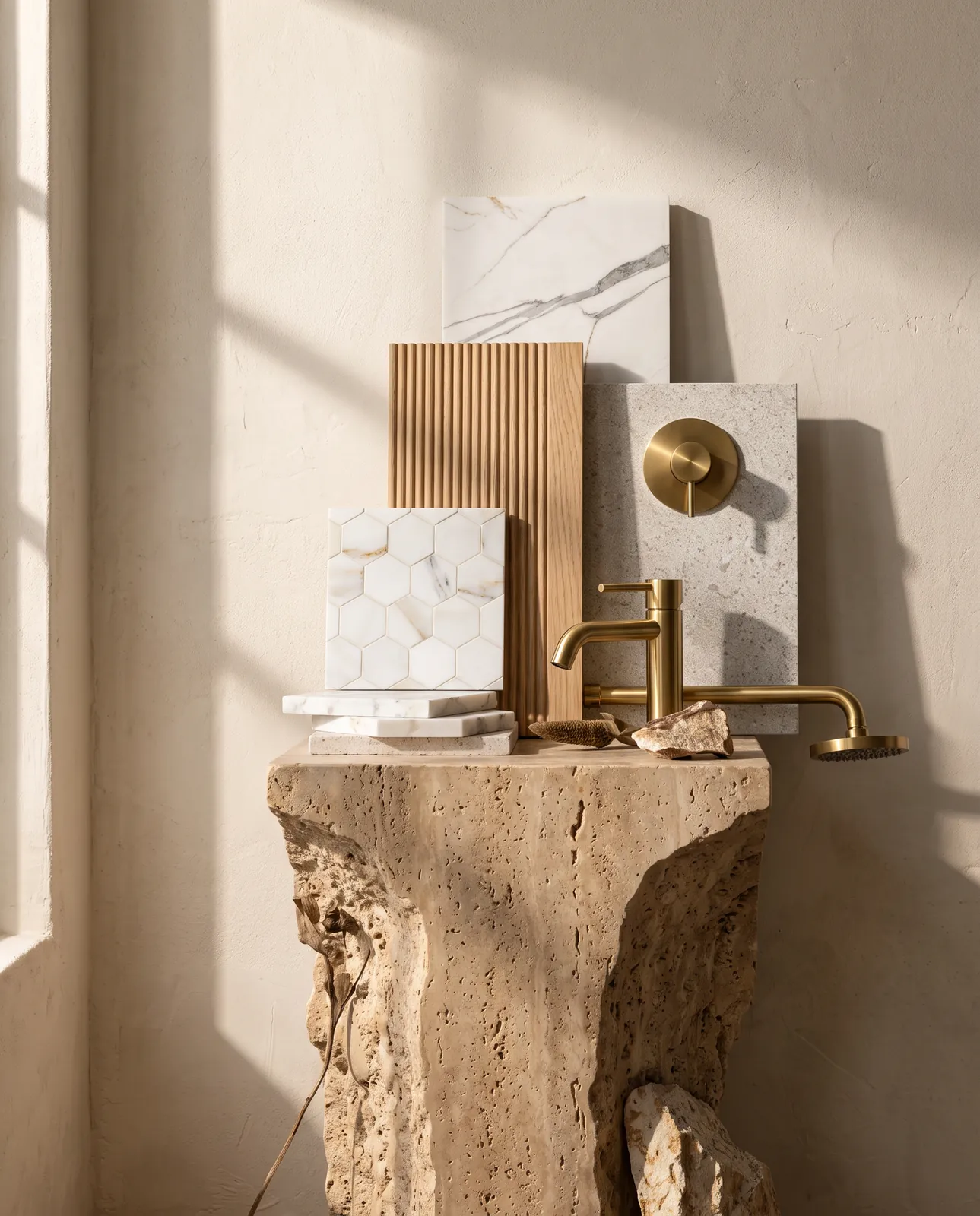 Bathroom material study with stone and oak