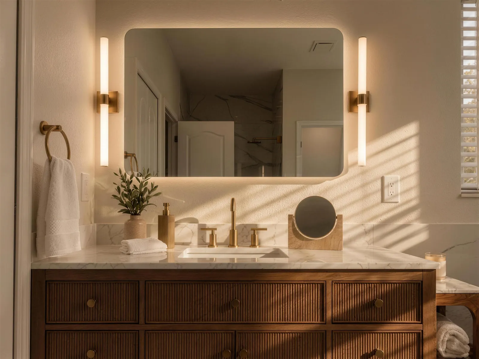Fluted oak vanity with a backlit mirror