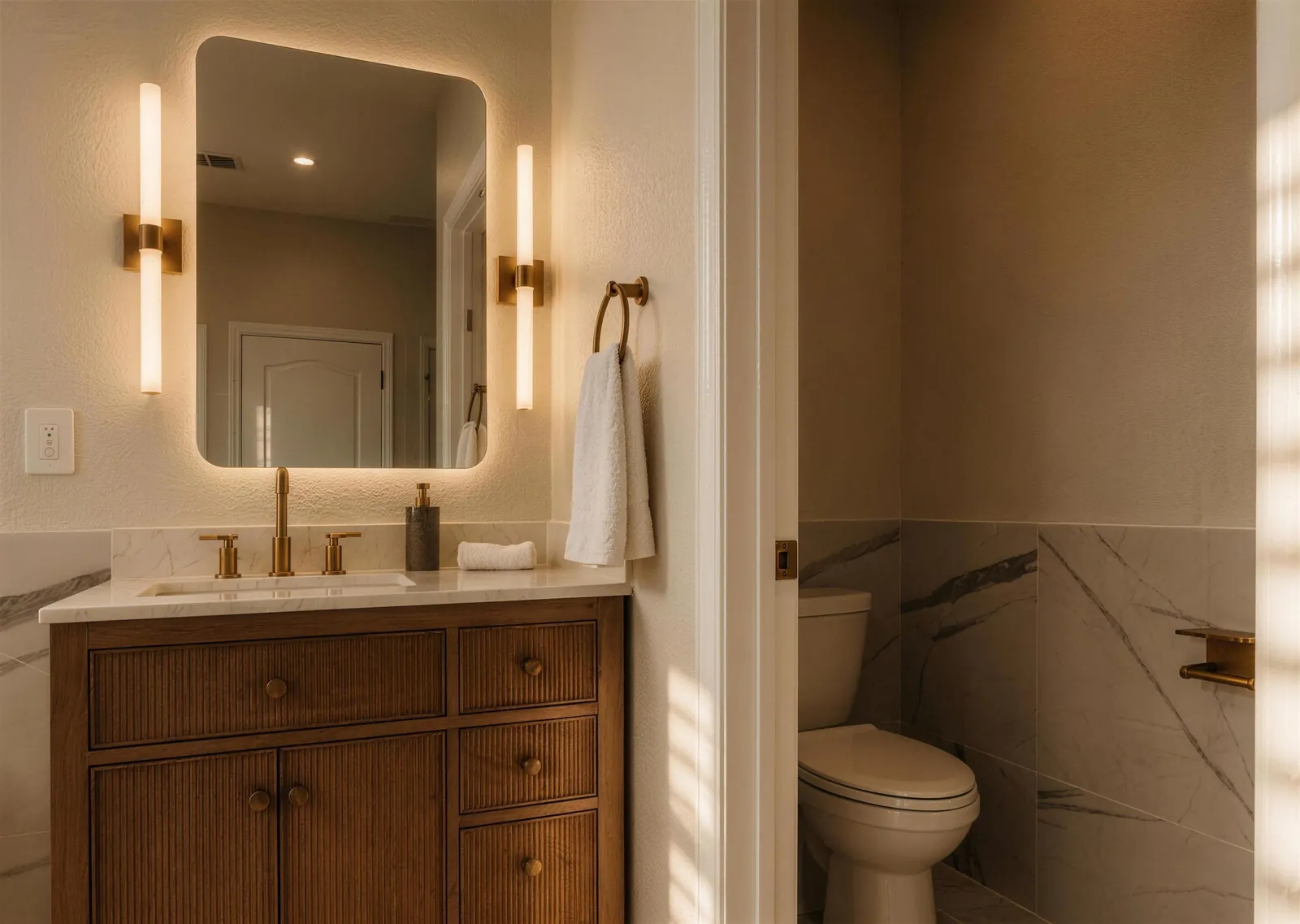 Primary bath vanity beside the toilet room door