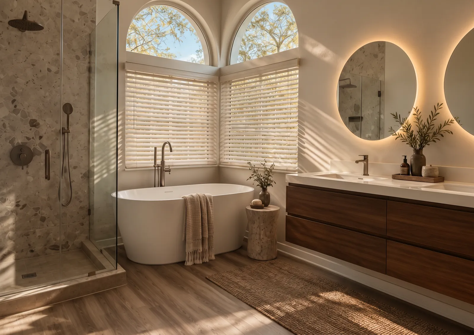 Bathroom under arched windows with a freestanding tub
