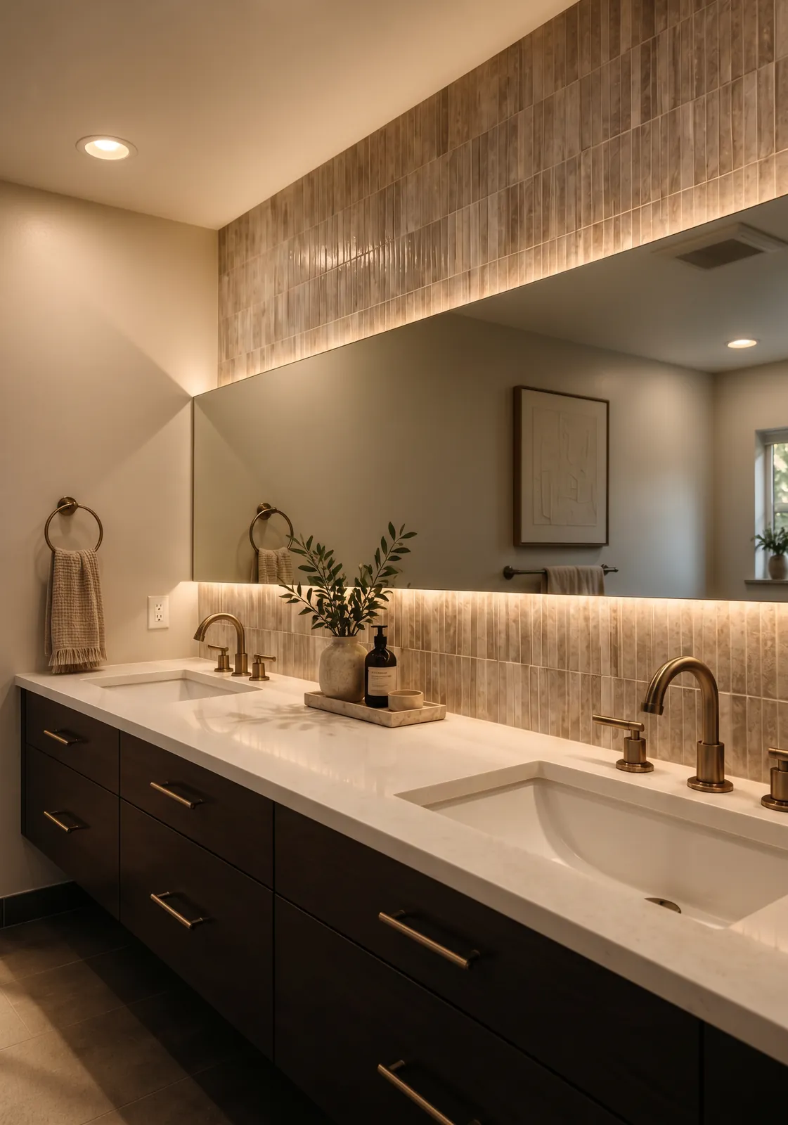 Double vanity in dark wood under a backlit tile wall