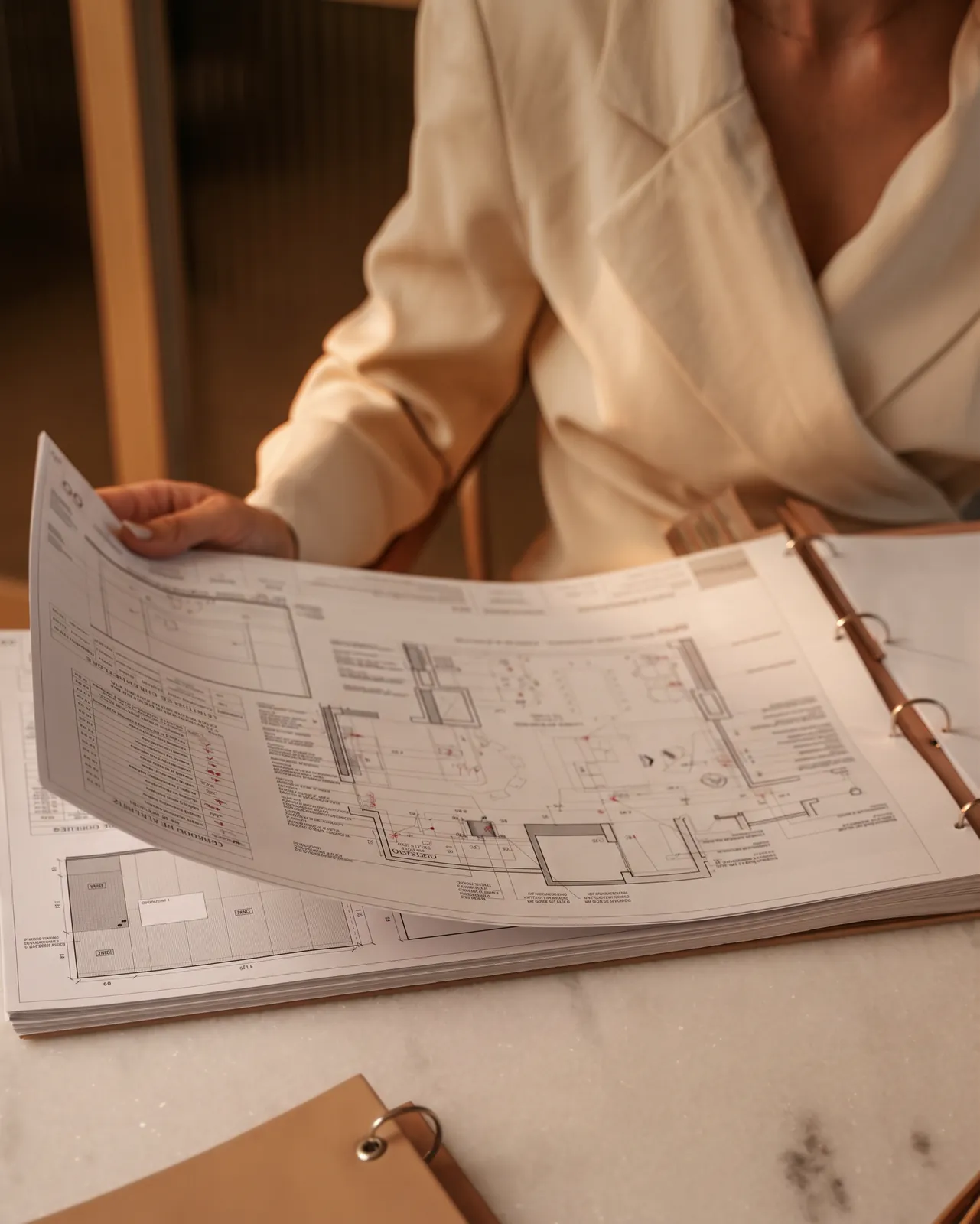 Hands holding a set of printed plans