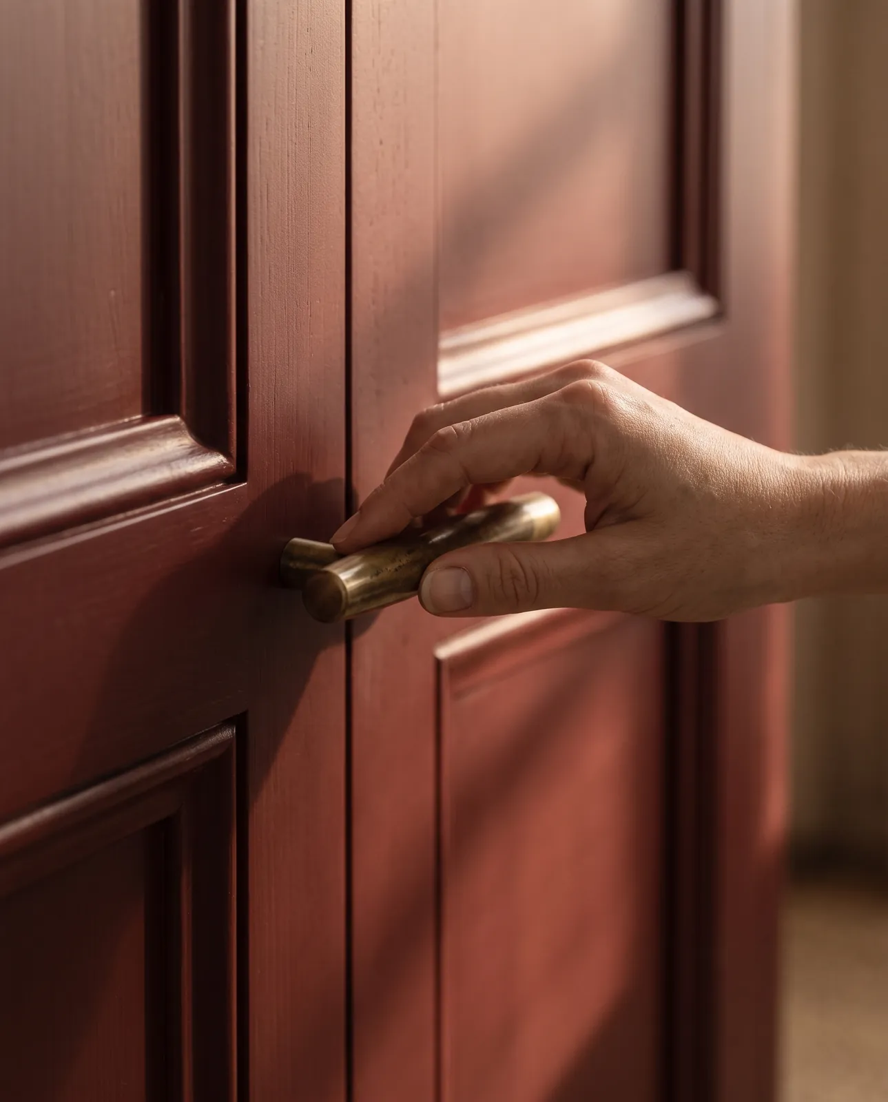 Close view of a brass cabinet pull