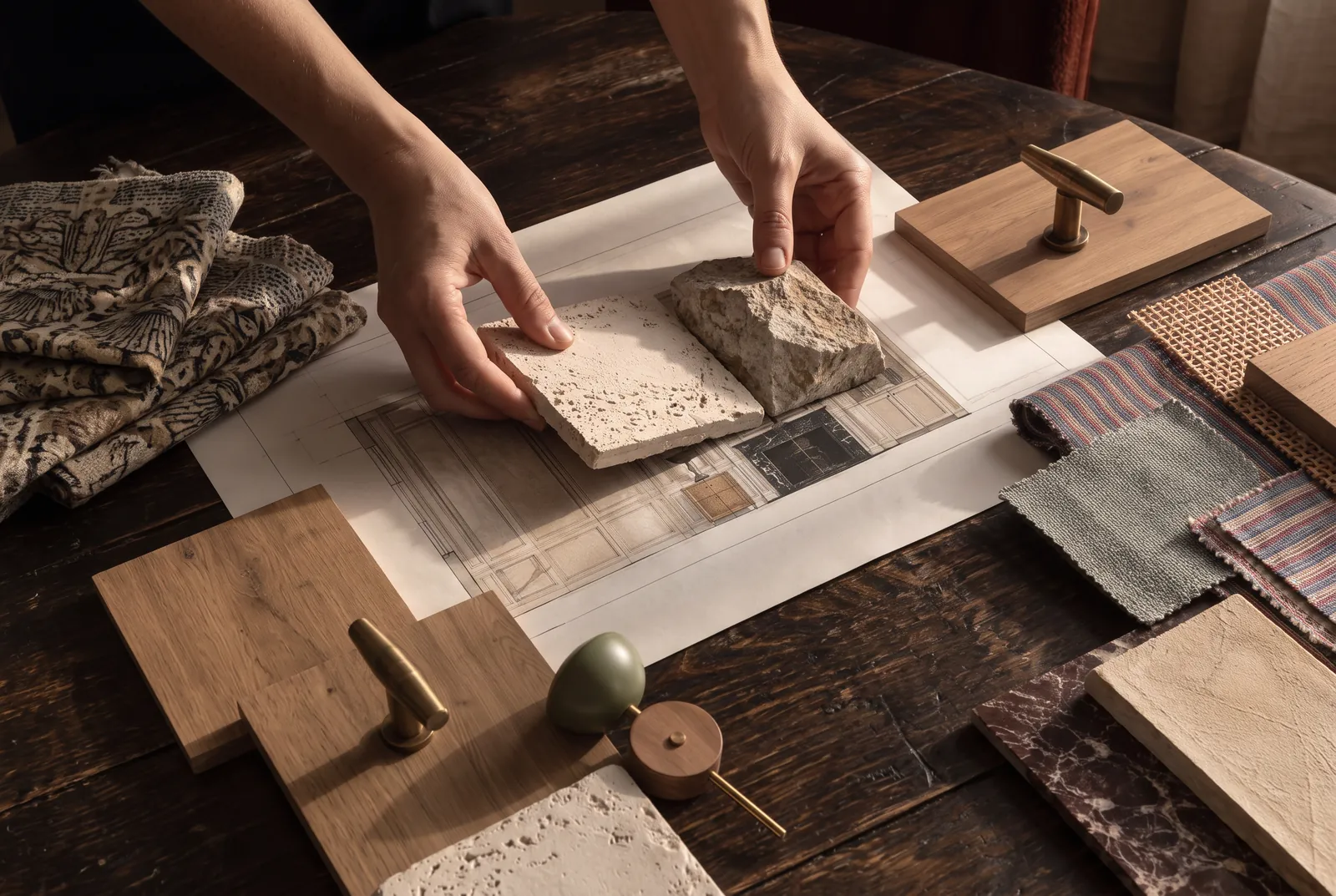 Hands holding material samples