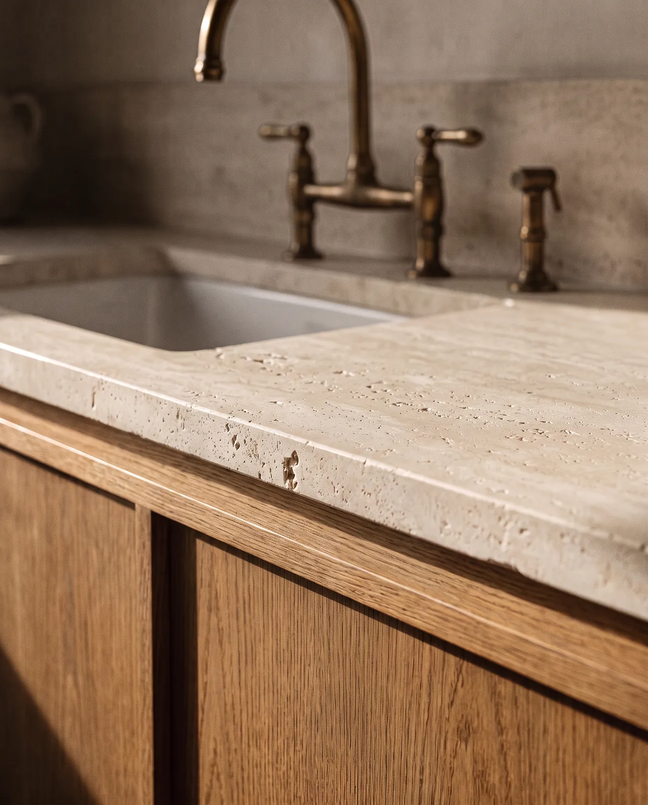 Close view of a kitchen counter edge and surface