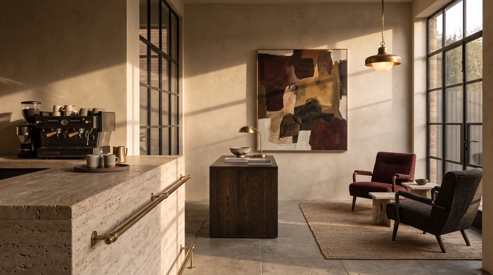 Concept of a studio arrival with a travertine coffee counter and a large painting