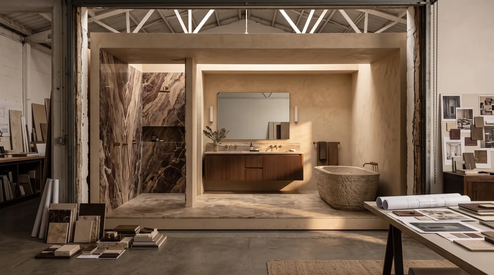 Concept of a full-scale demonstration bath with veined stone and an oak vanity
