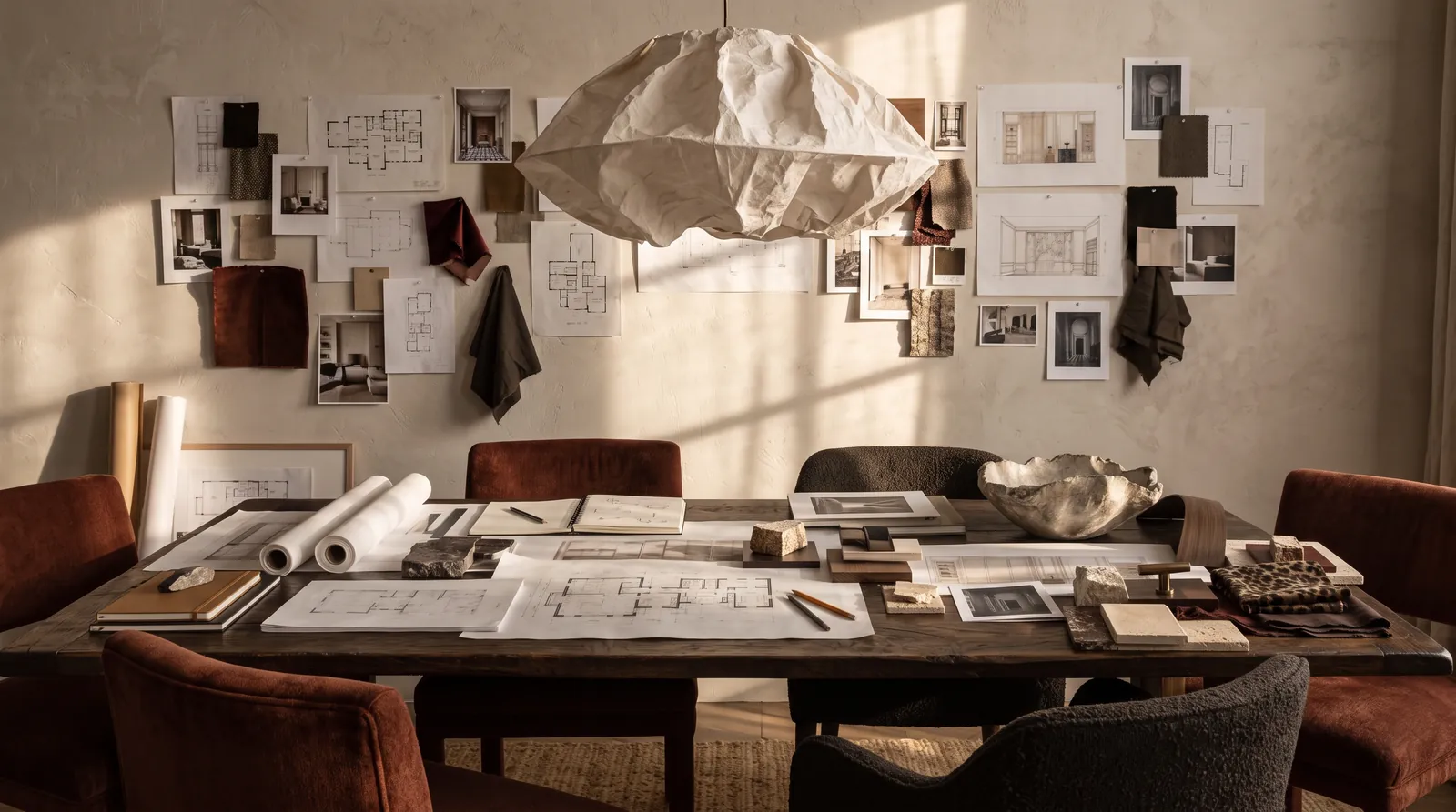 Concept of a long oak design table covered with drawings and samples