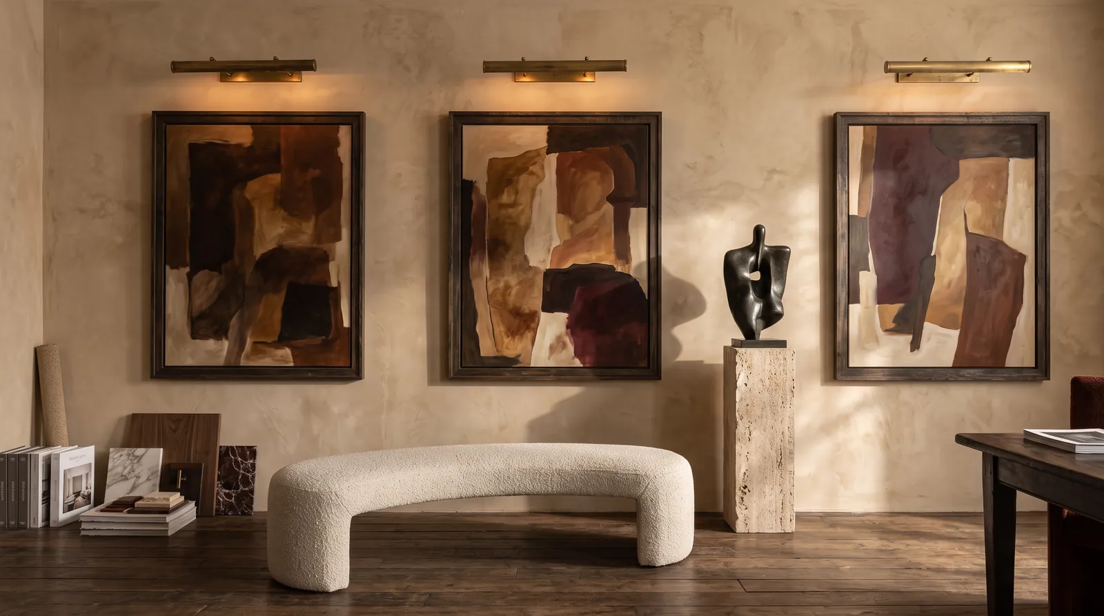Concept of a gallery wall with large paintings and a boucle bench
