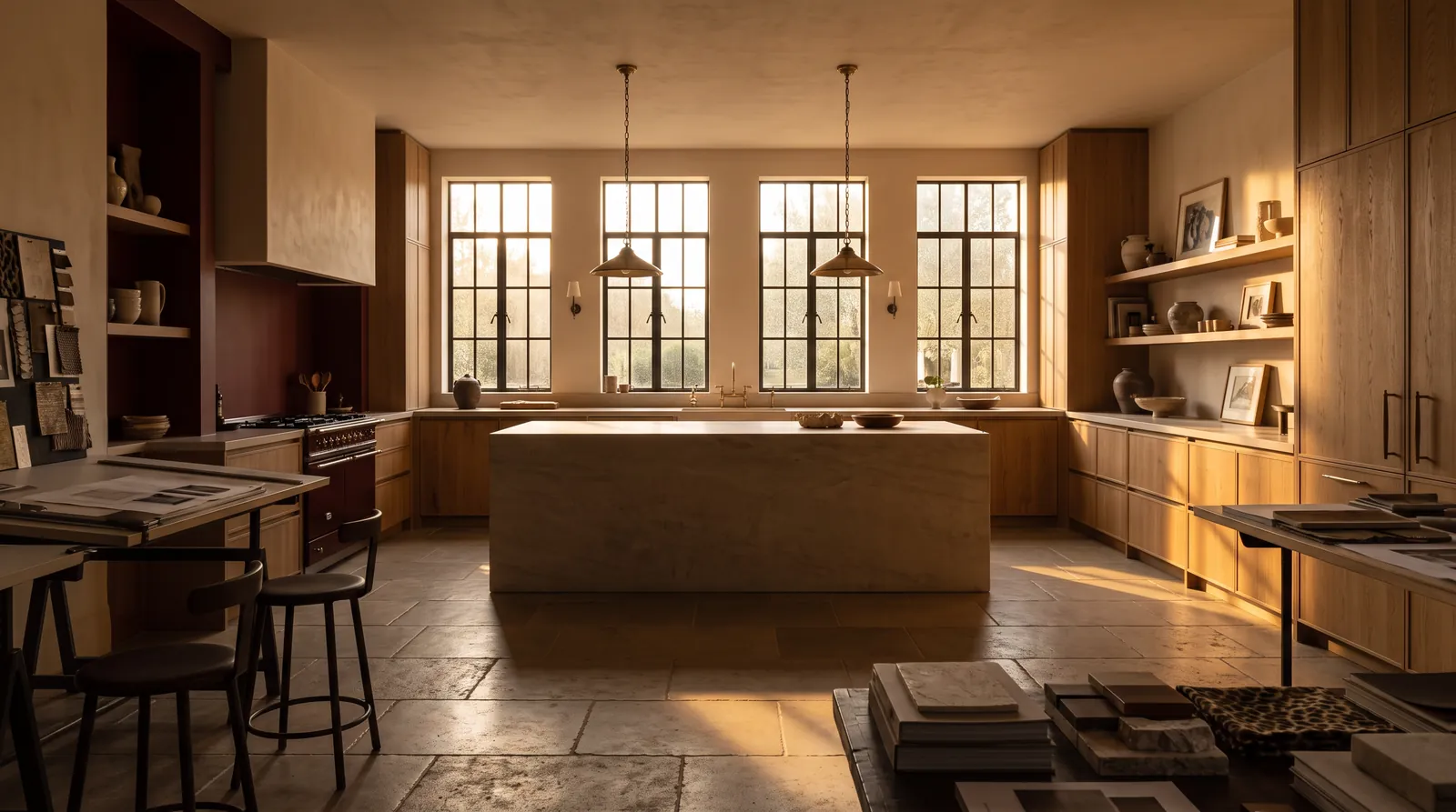 Concept of a limestone kitchen island backlit by four tall windows