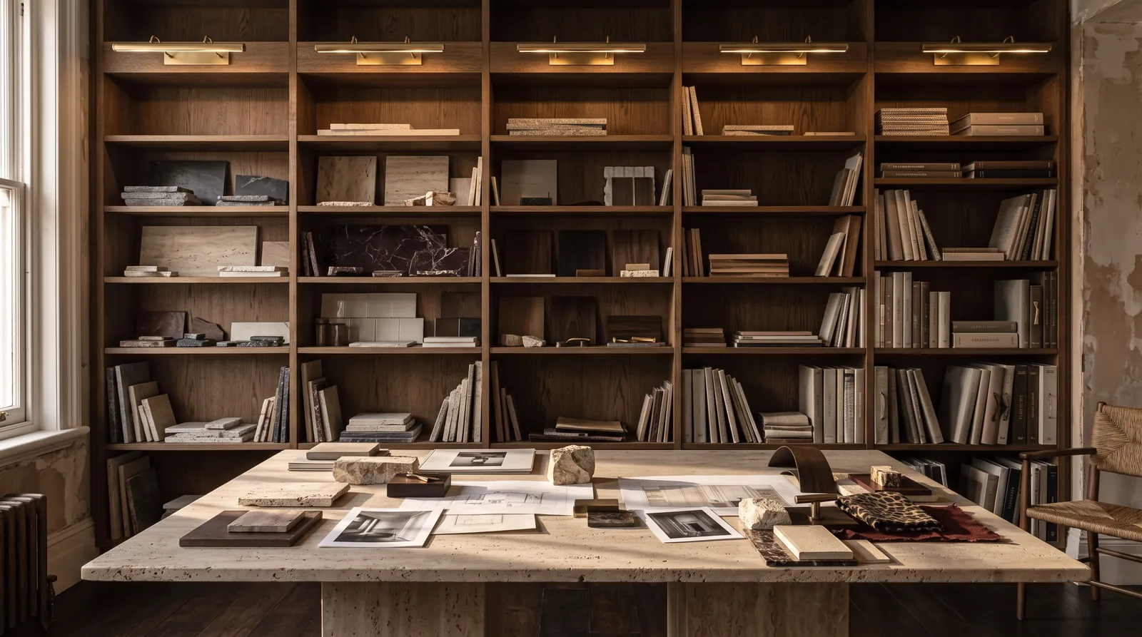 Concept of a floor-to-ceiling materials library with a selection table