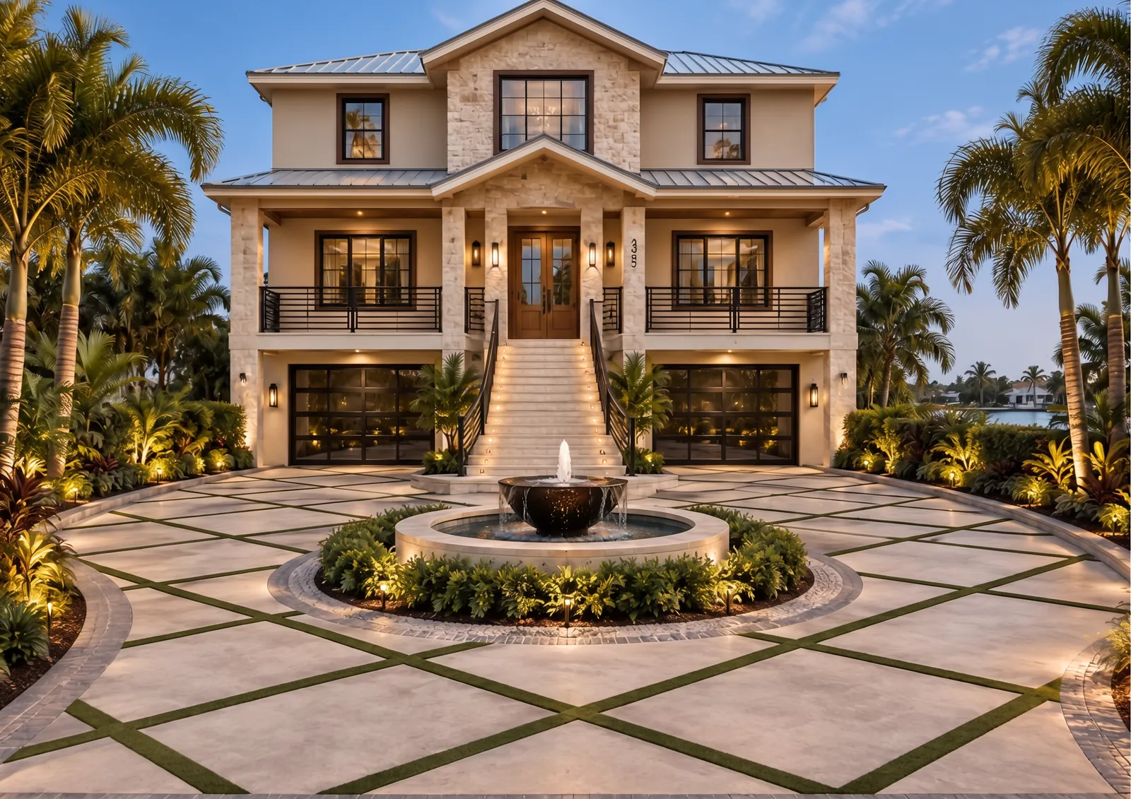 Rendered coastal residence with a central stair and motor court