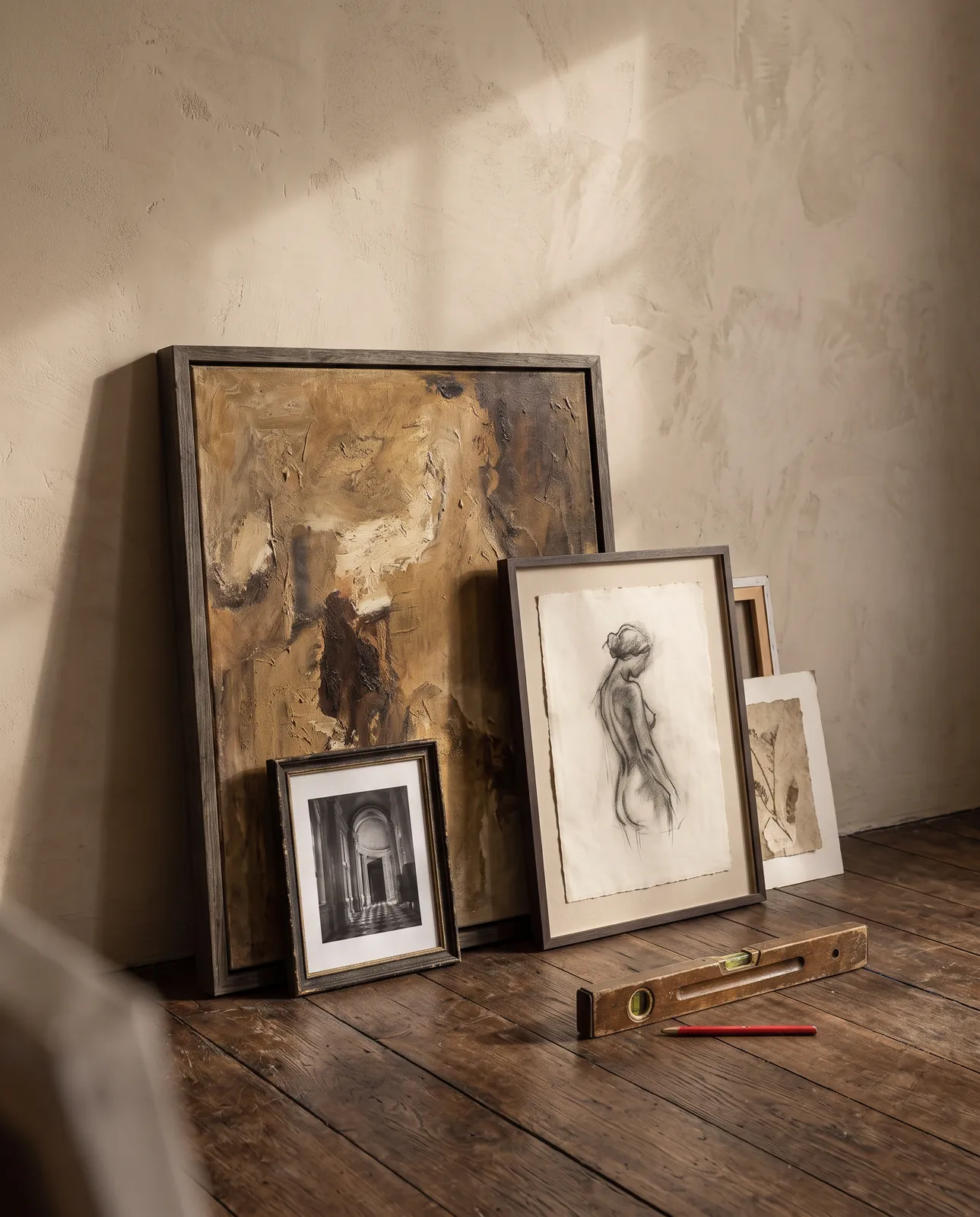 Framed artworks leaning against a plaster wall before hanging