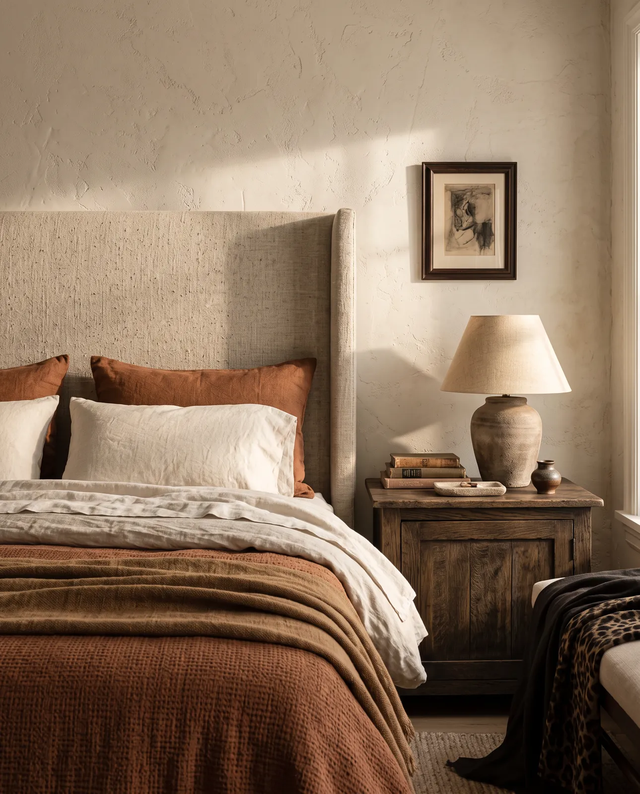 Bedroom with a linen headboard, layered bedding and a ceramic lamp
