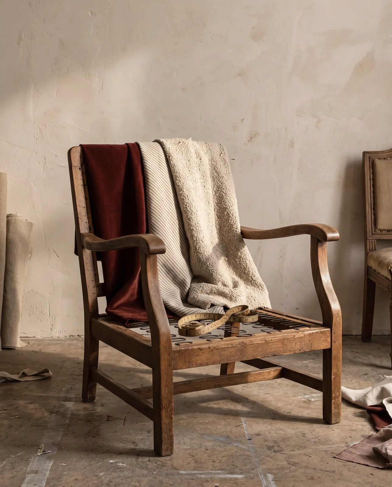 Vintage armchair with three fabric options draped over it