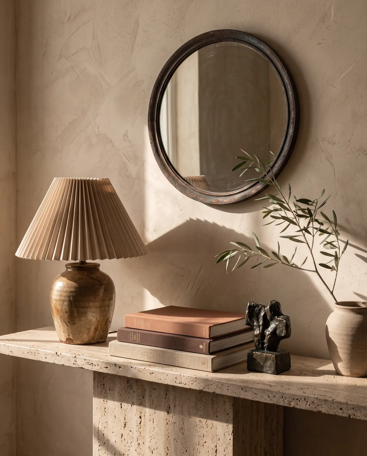 Travertine console styled with a lamp, books, a sculpture and an olive branch