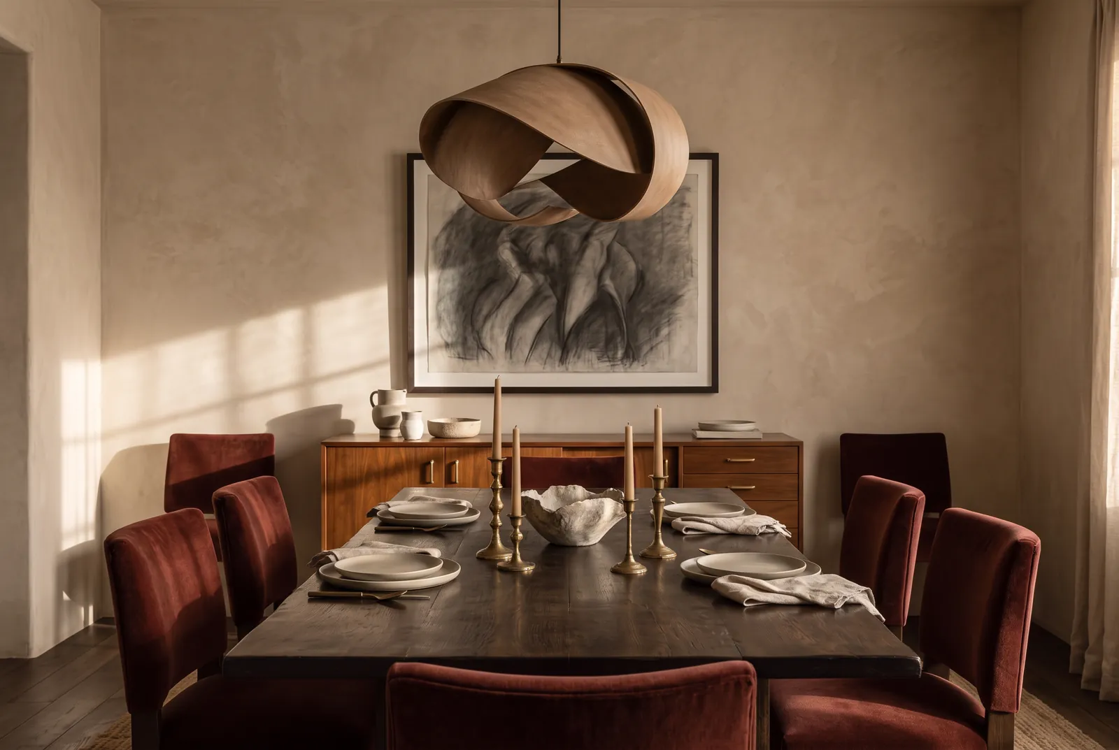 Dining room with oxblood velvet chairs and a sculptural pendant
