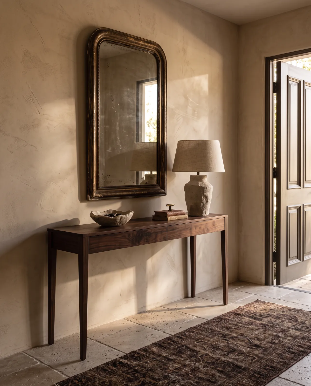 Entry with an arched antique mirror above a walnut console