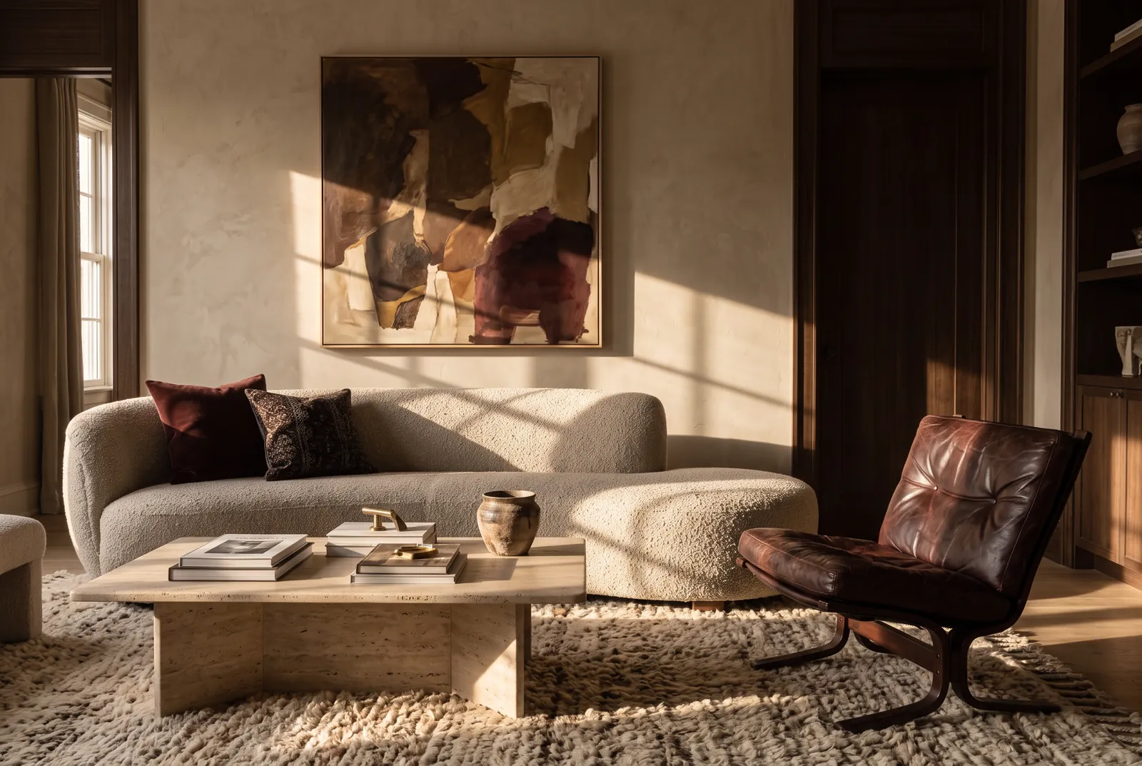 Living room with a curved sofa and a leather lounge chair