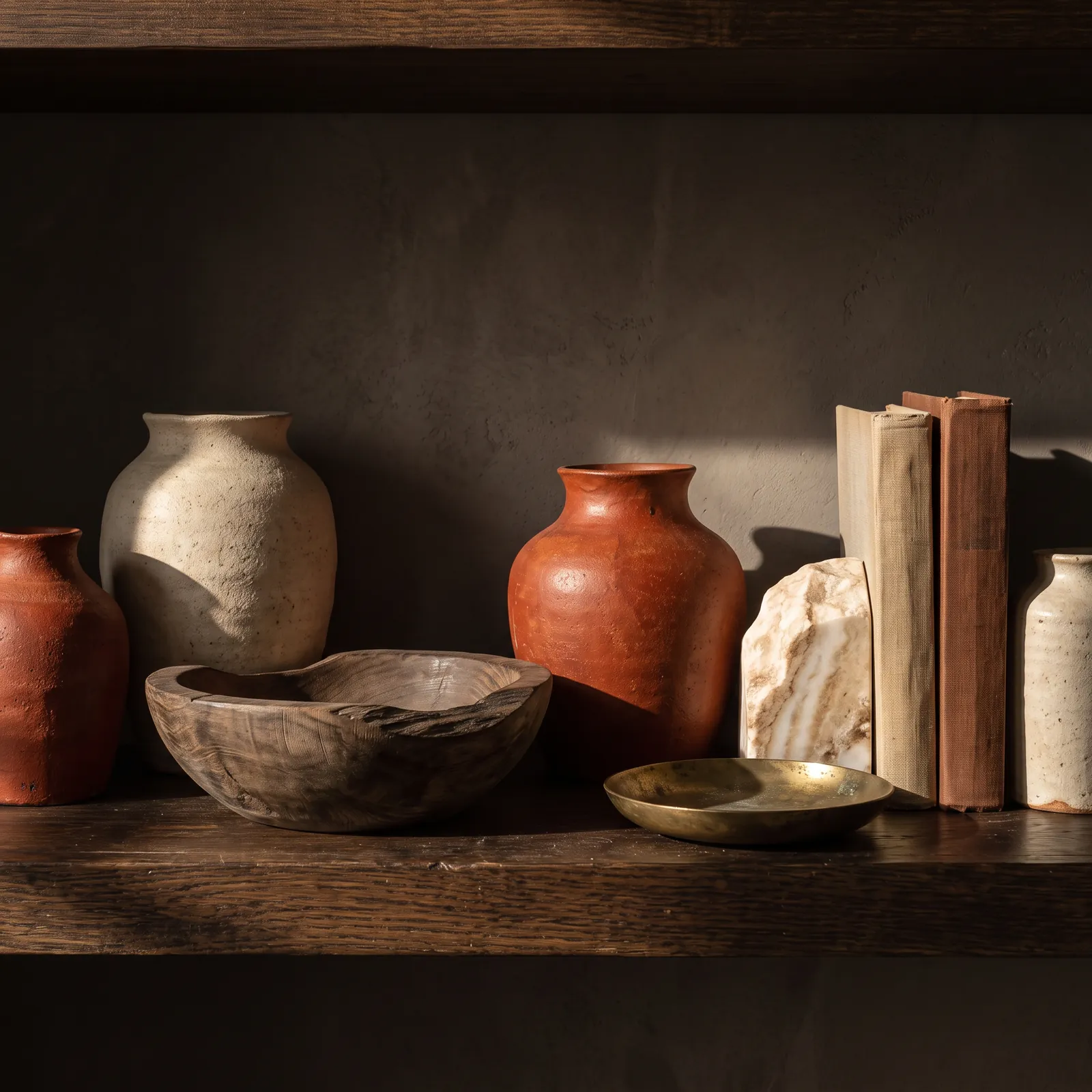 Ceramic vases, a carved bowl and books on an oak shelf