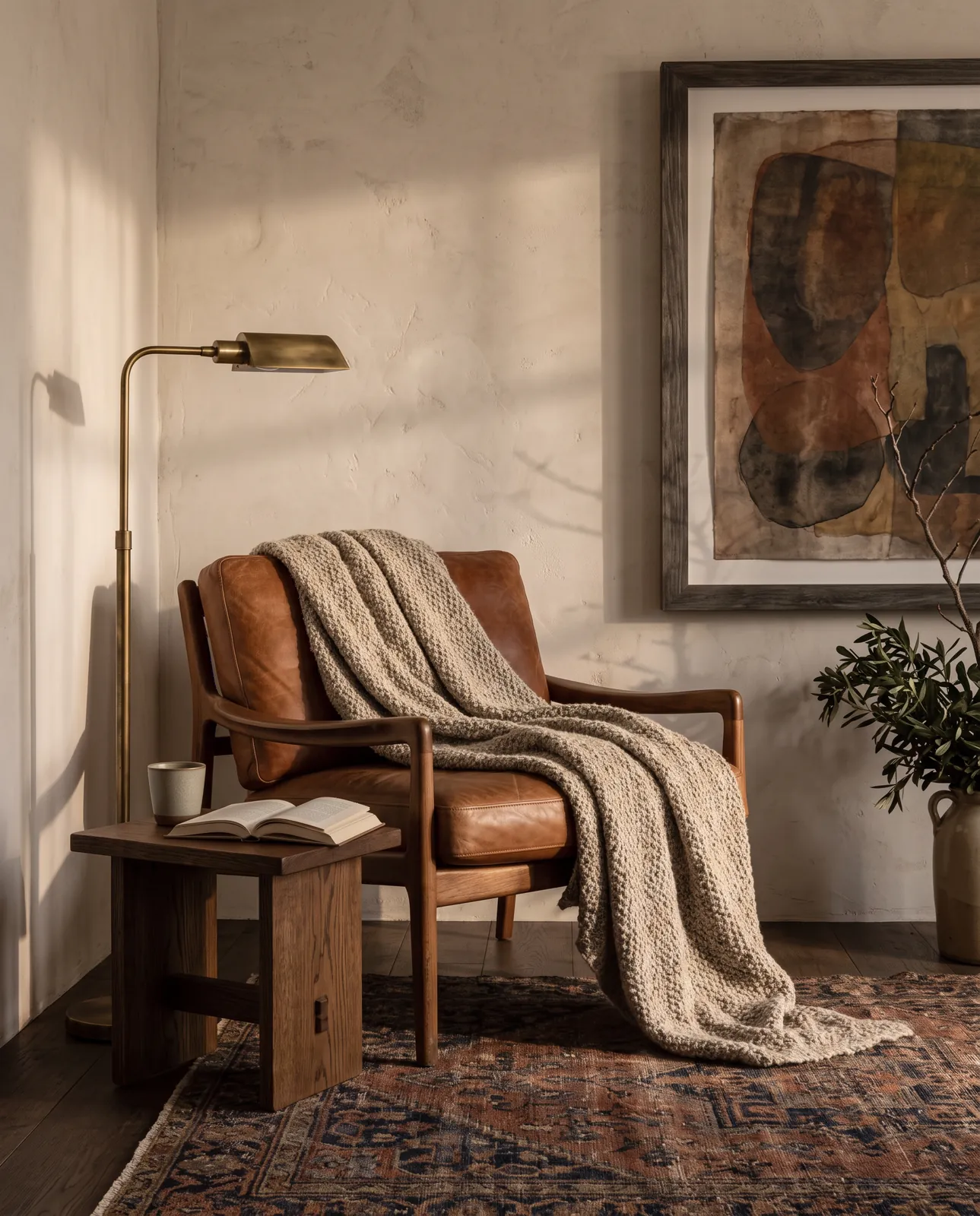 Reading corner with a cognac leather chair, a vintage rug and a large artwork