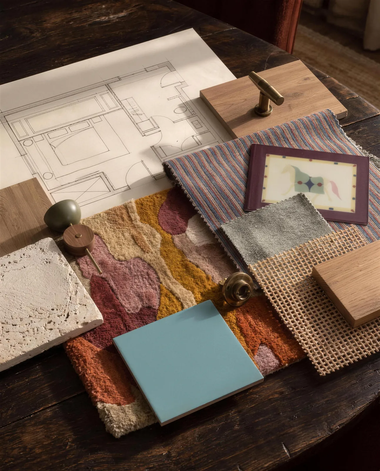 Hospitality finish samples on a drawing table