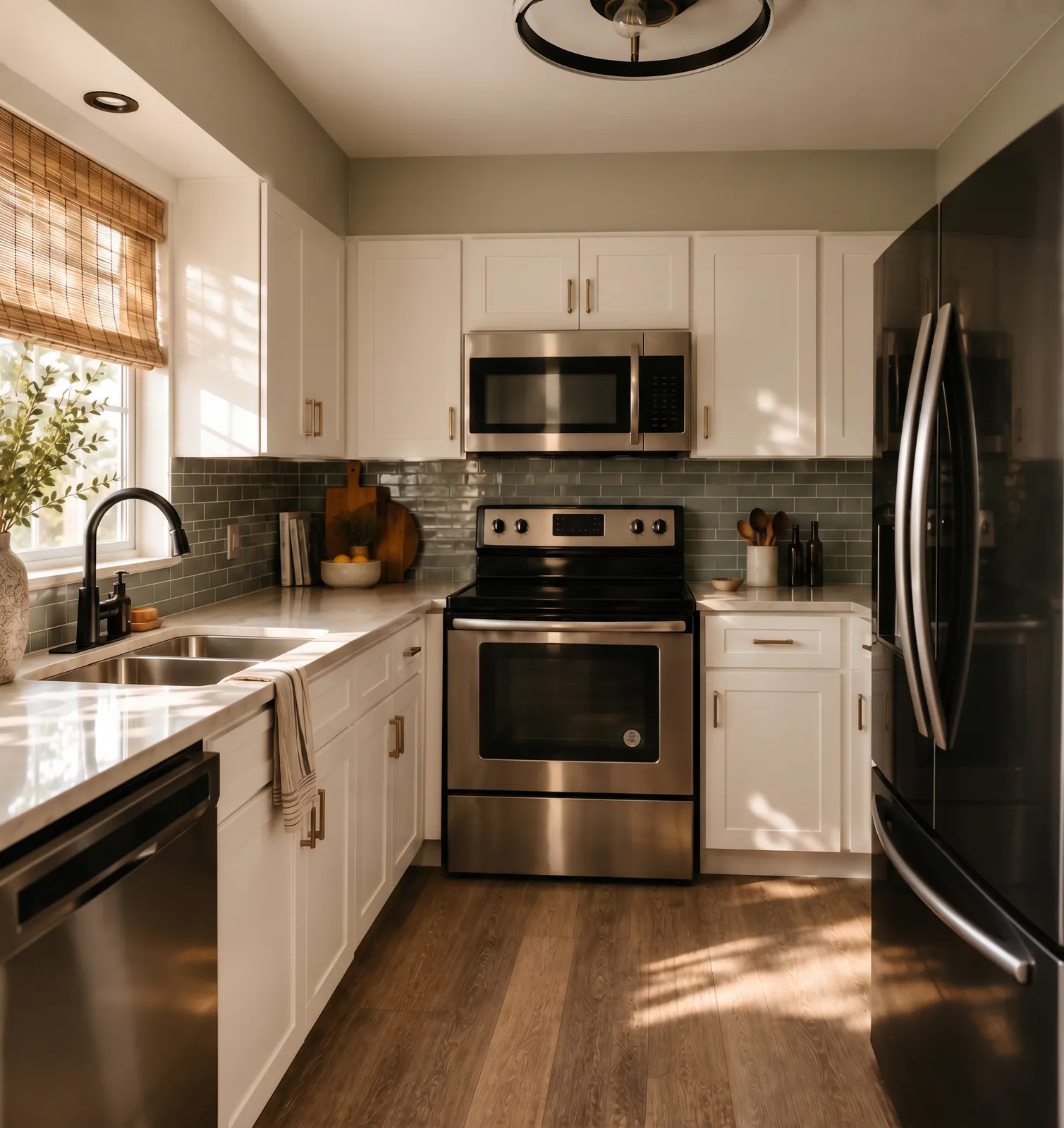 Renovated condo kitchen in warm afternoon light
