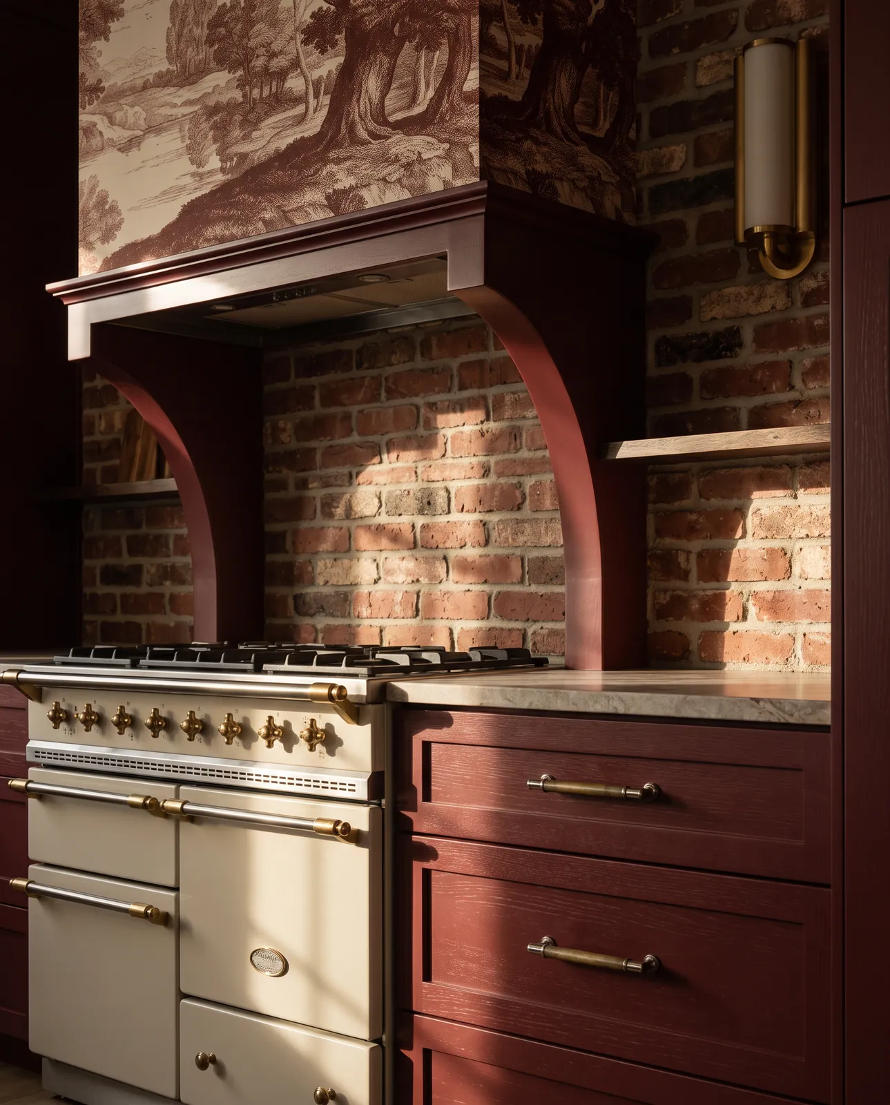 Oxblood cabinetry with brass and nickel pulls