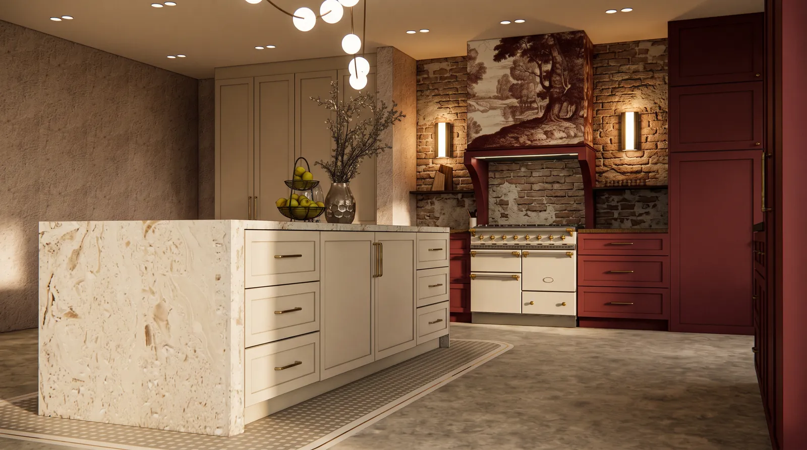 Kitchen with oxblood cabinetry and a sculpted limestone island