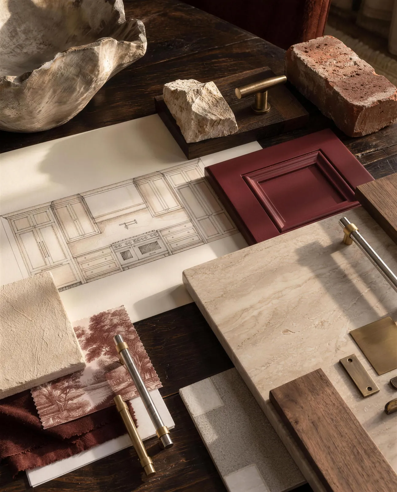 Kitchen material table with oak, stone and brass samples