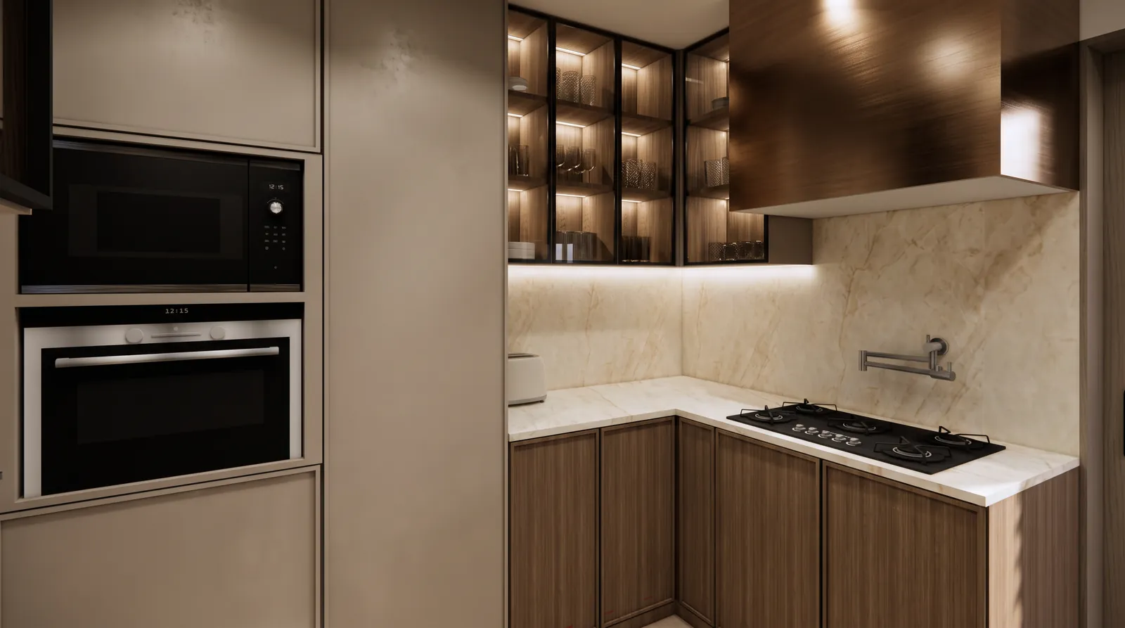 Dark kitchen with walnut cabinetry and lit shelving