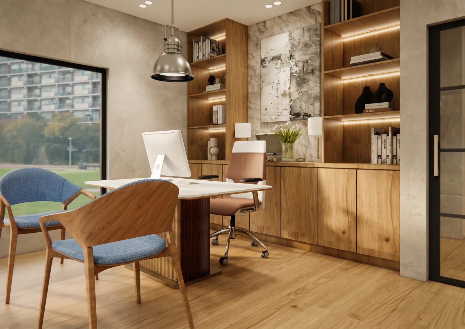 Office with built-in oak shelving