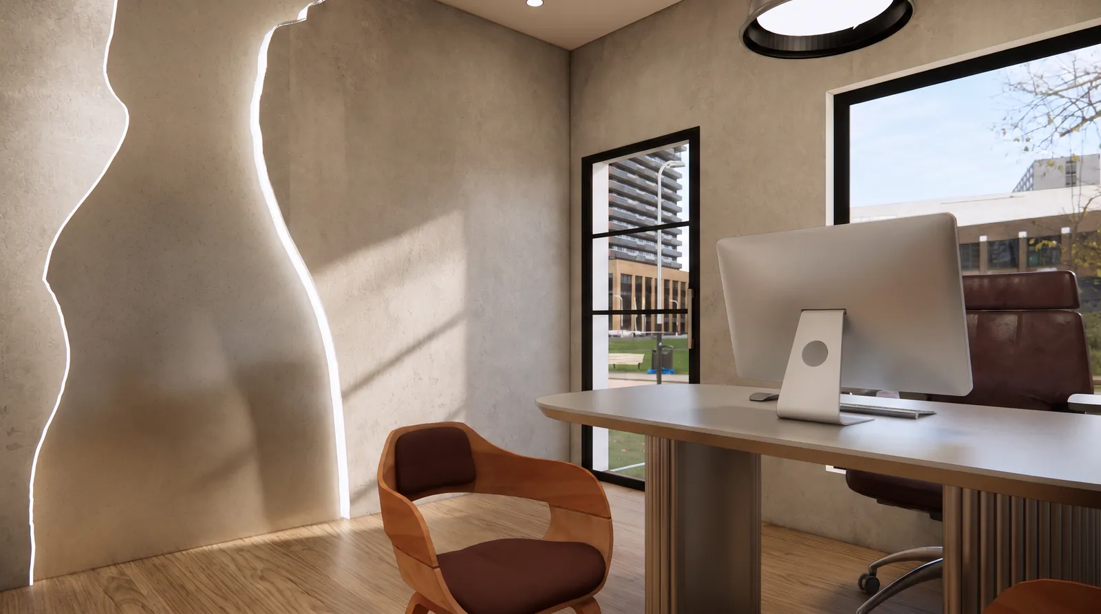 Private office with a sculpted light wall