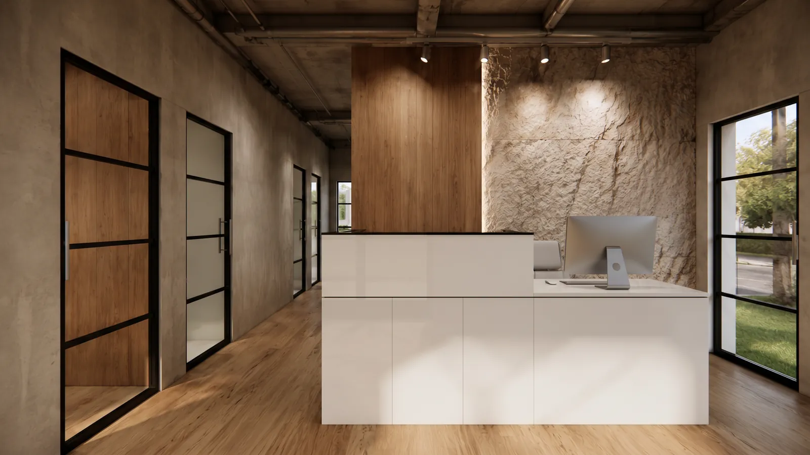 Commercial office reception design with oak and plaster