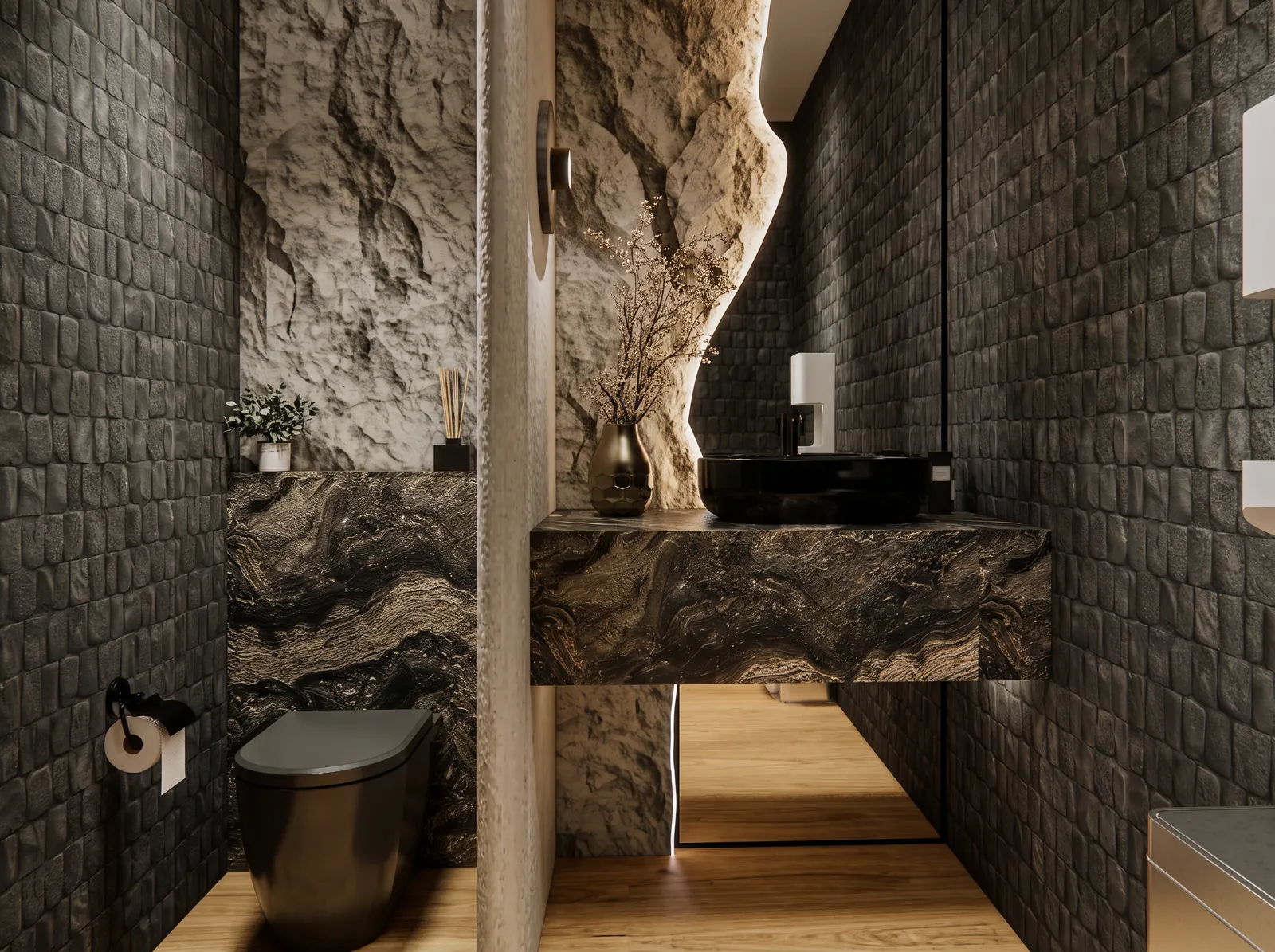 Restroom in dark tile and stone