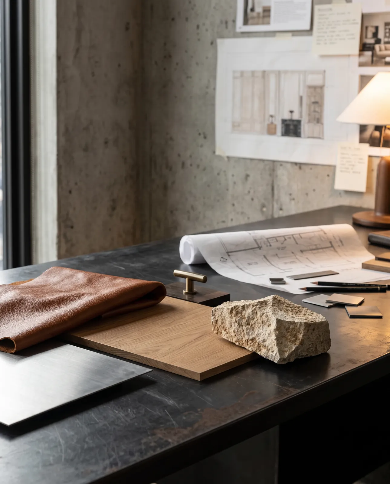 Leather, oak and stone samples for the office