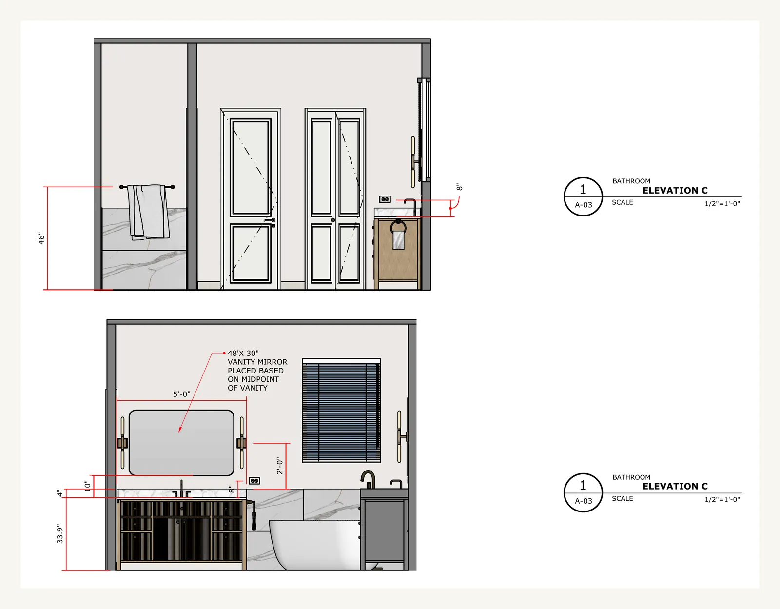 Vanity wall elevations with tile starting points