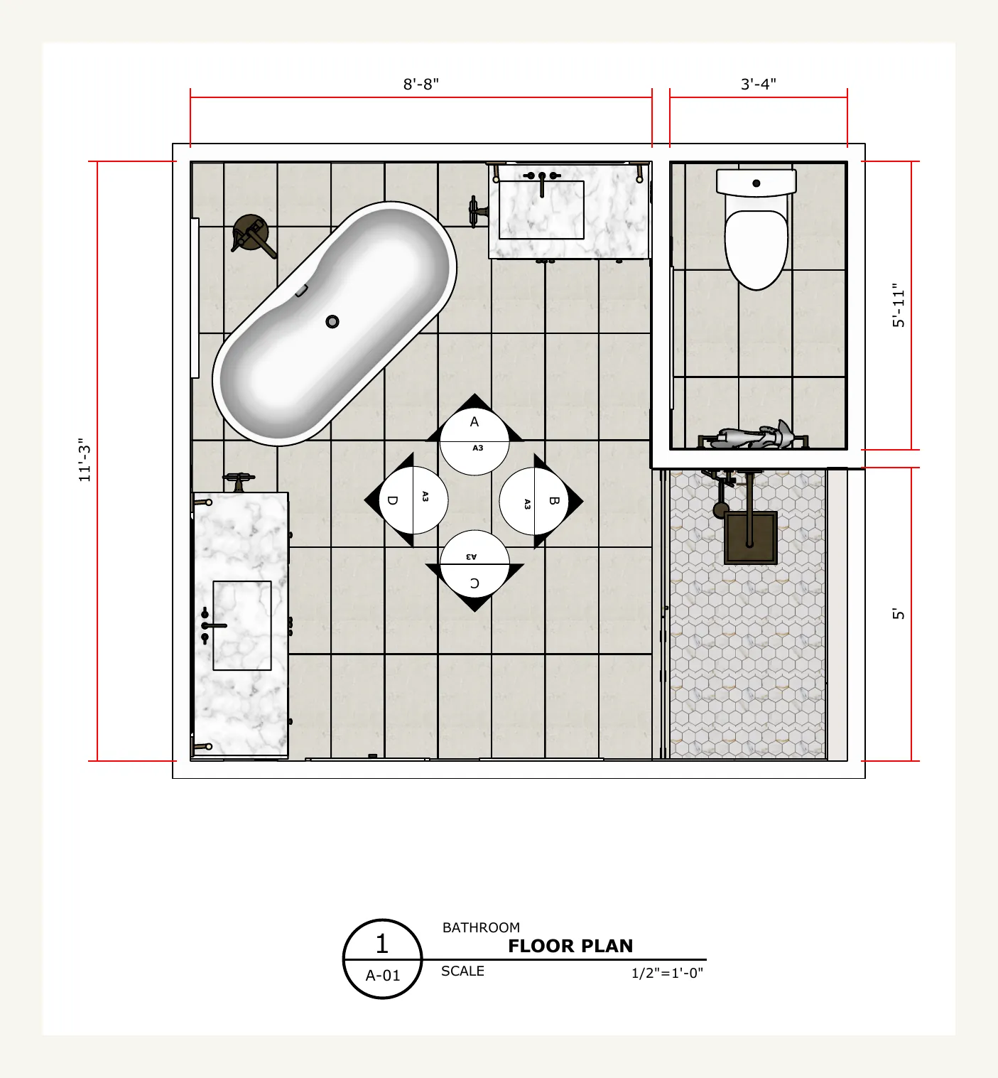 Dimensioned floor plan of a primary bathroom