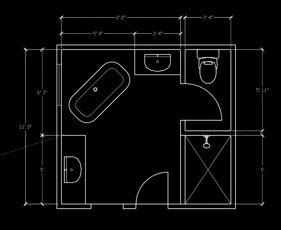 Proposed bathroom floor plan with a freestanding tub