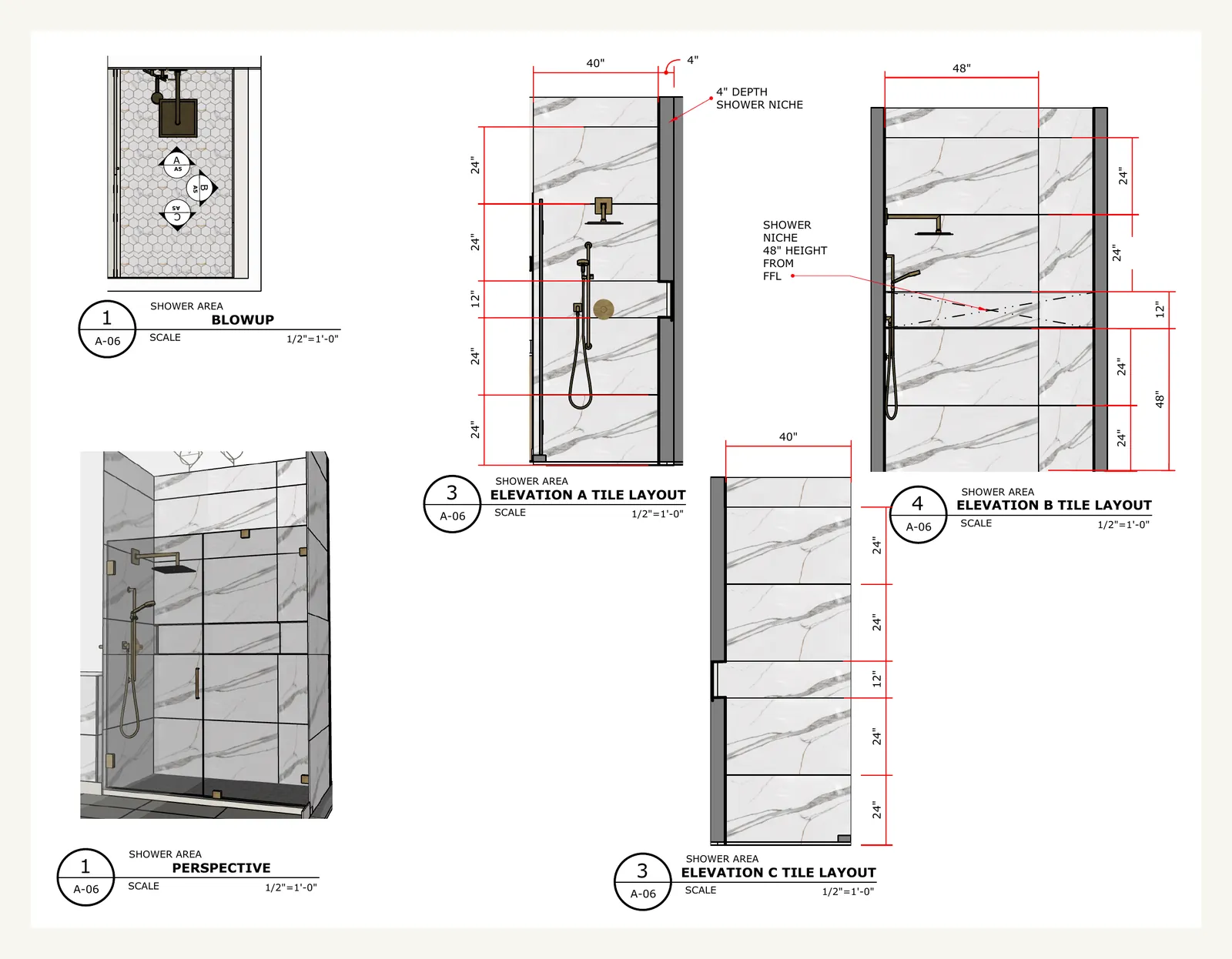 Curbless shower tile layout drawings