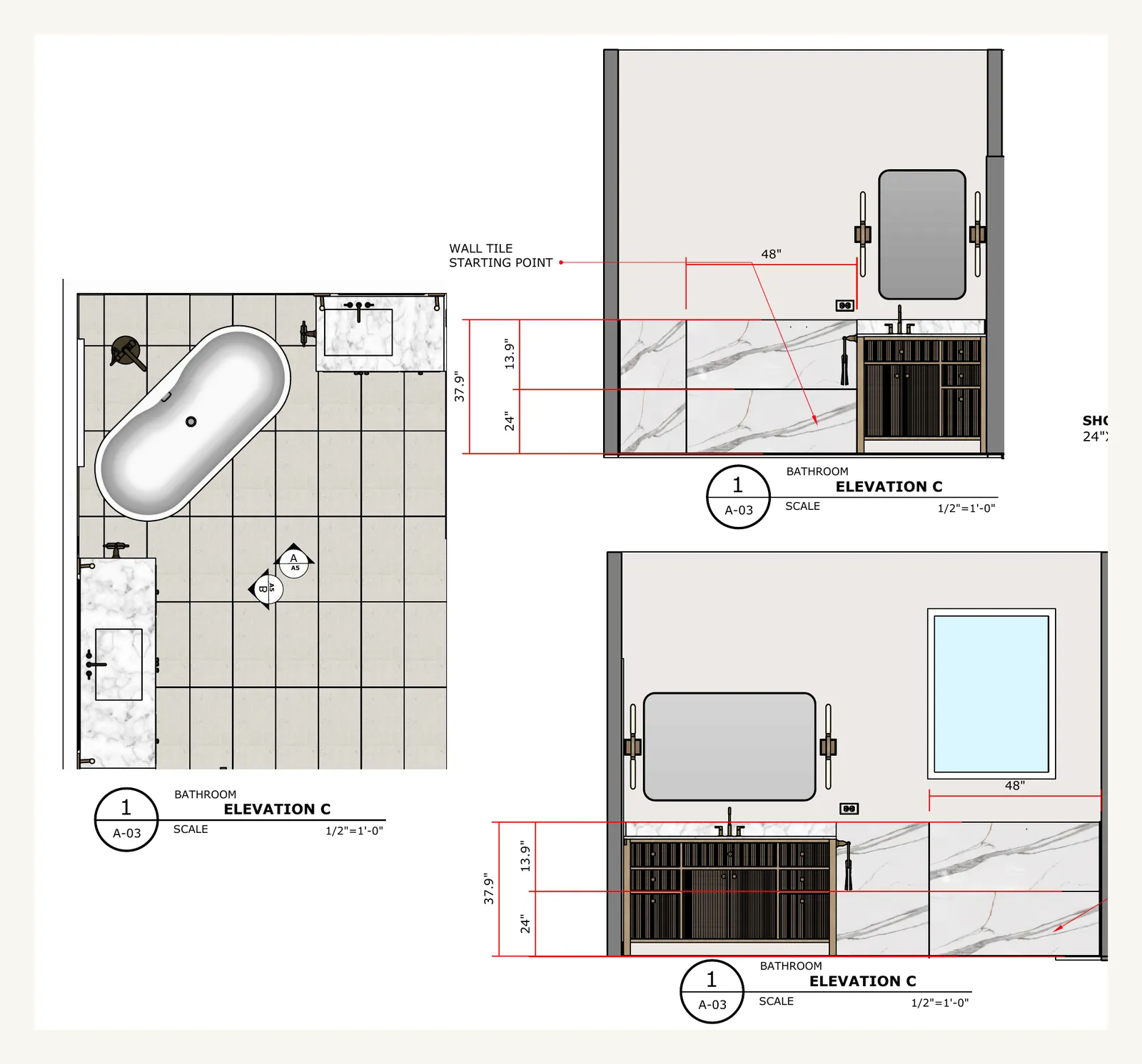Wall tile layout elevations with starting points