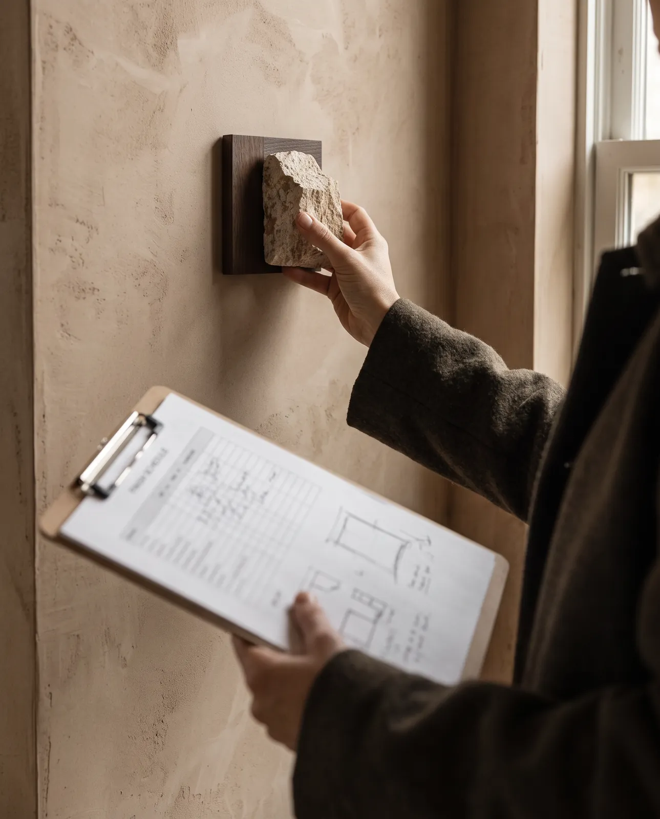 Hands checking a stone sample against fresh plaster