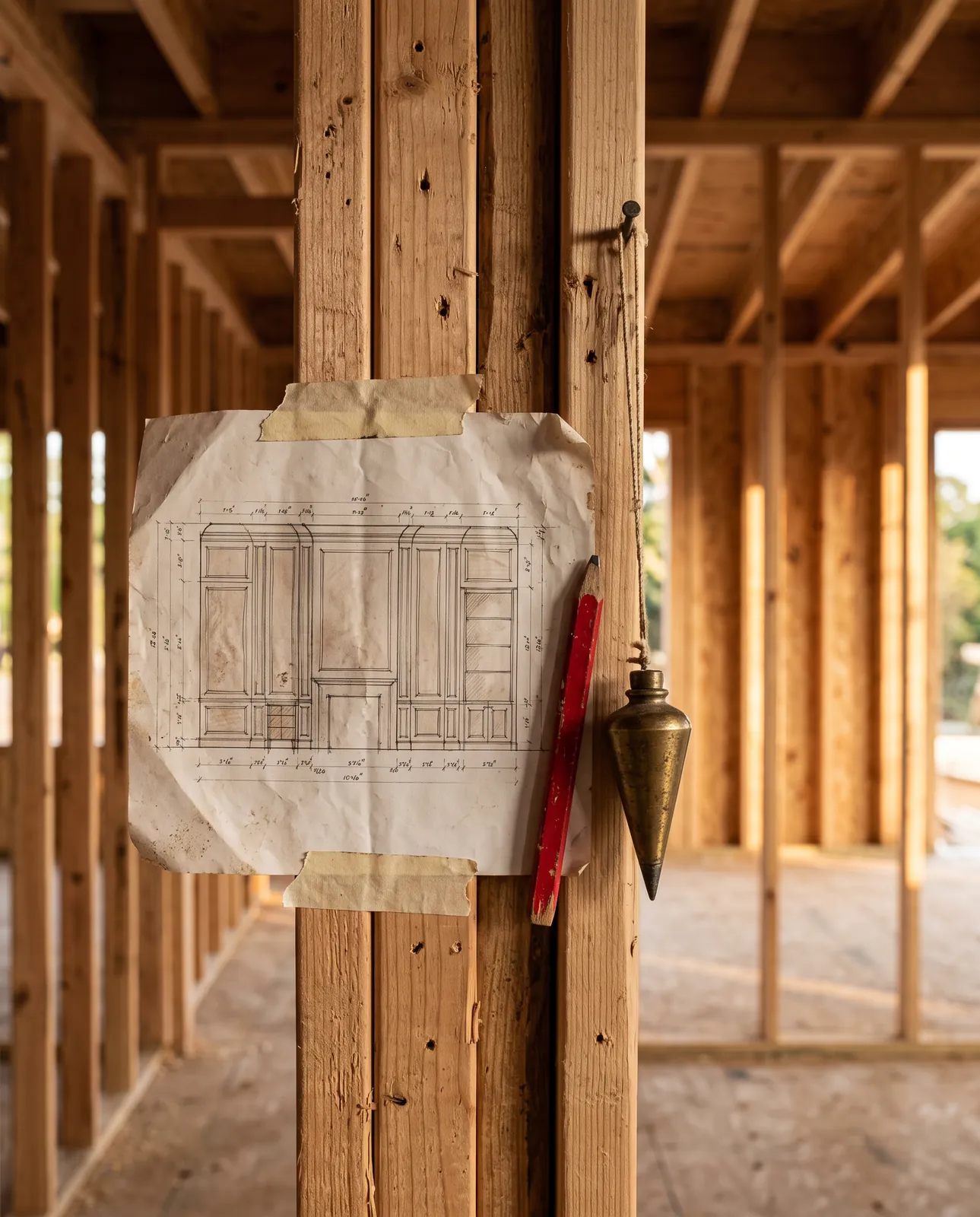 Dimensioned elevation taped to a stud in a framed house