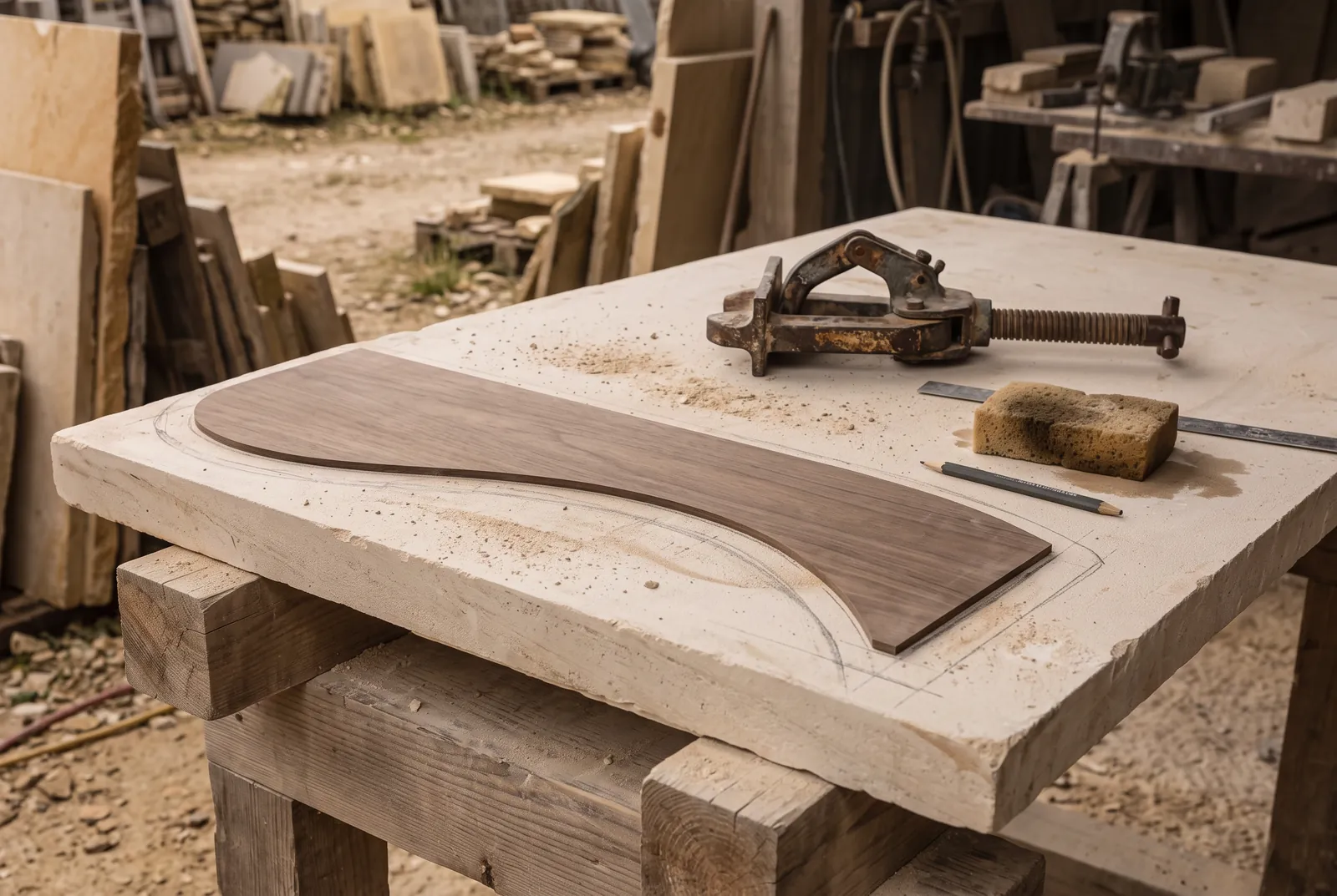 Wood template traced on a limestone slab