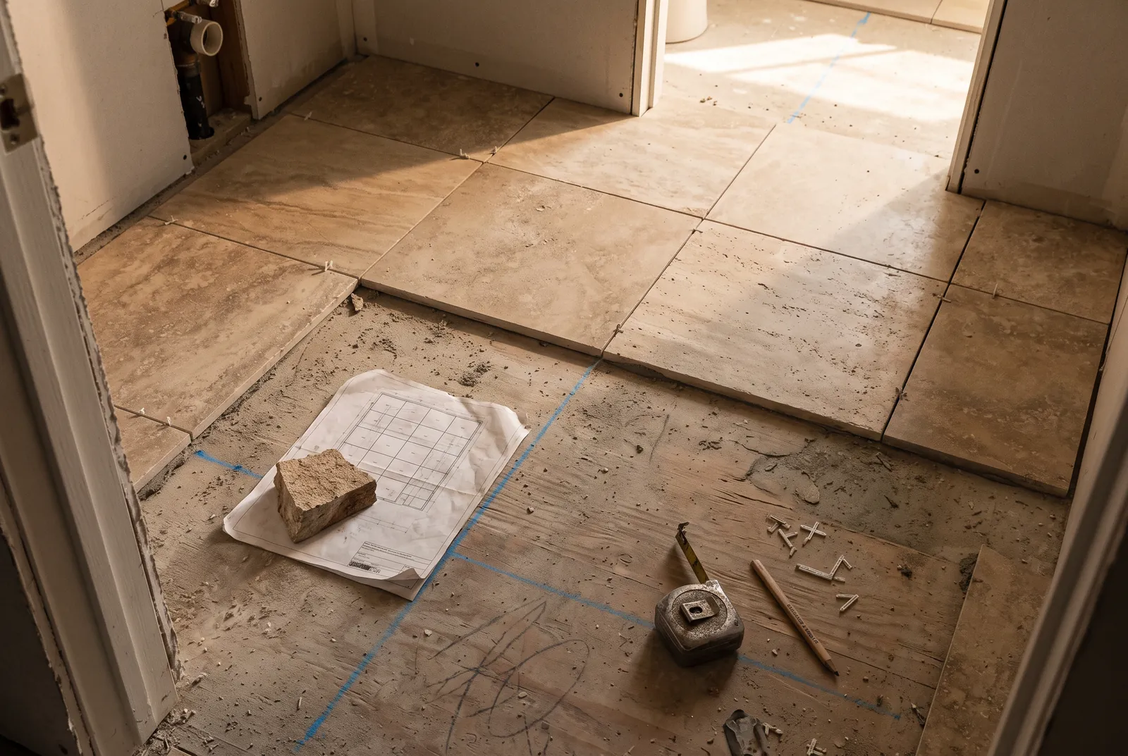 Tiles dry-laid on a subfloor with chalk lines