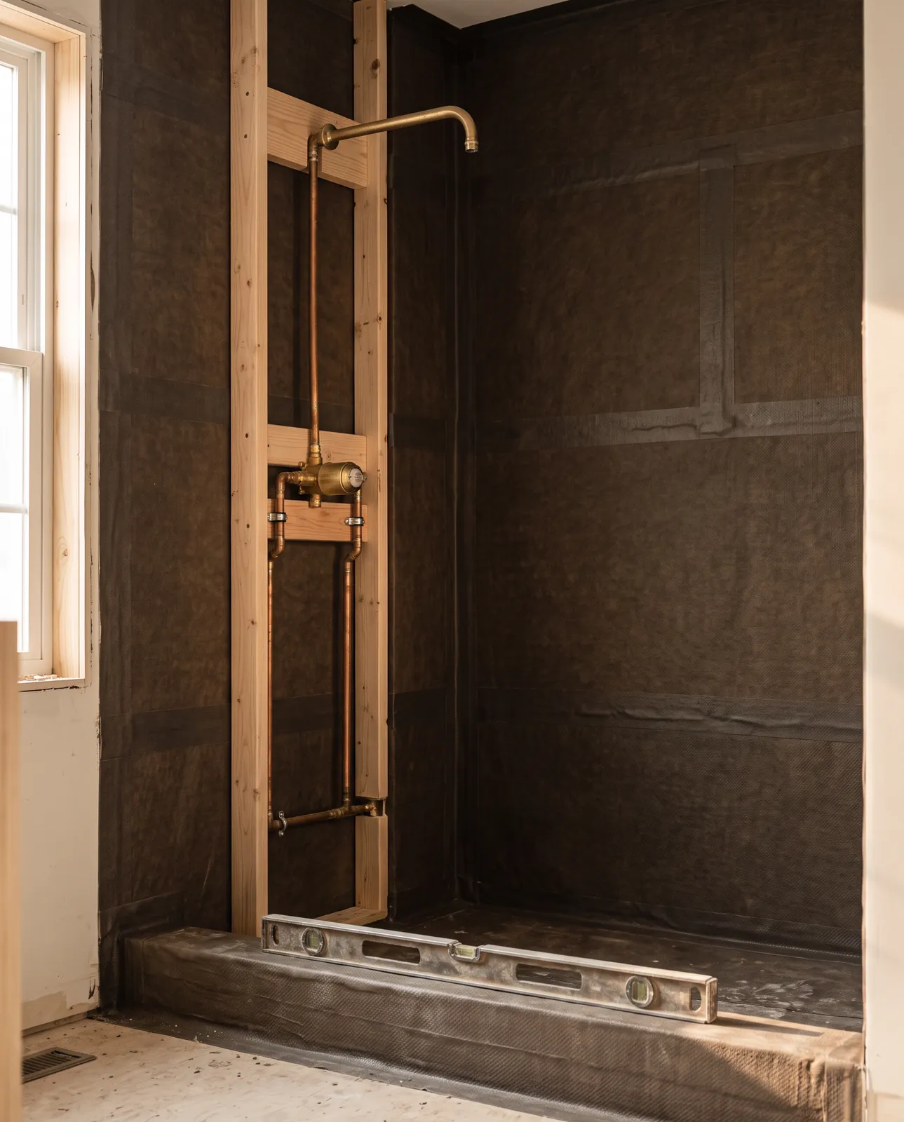 Brass shower valve rough-in on new blocking